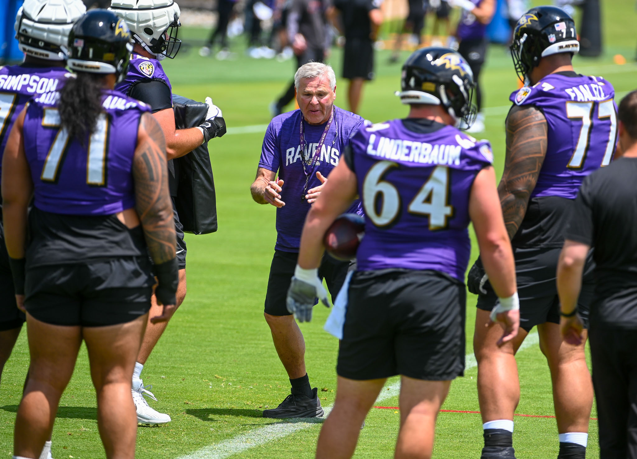 Baltimore Ravens offensive line coach Joe D'Alessandris gives instructions during mandatory minicamp at Ravens' training facility in Owings Mills. (Kevin Richardson/Staff)