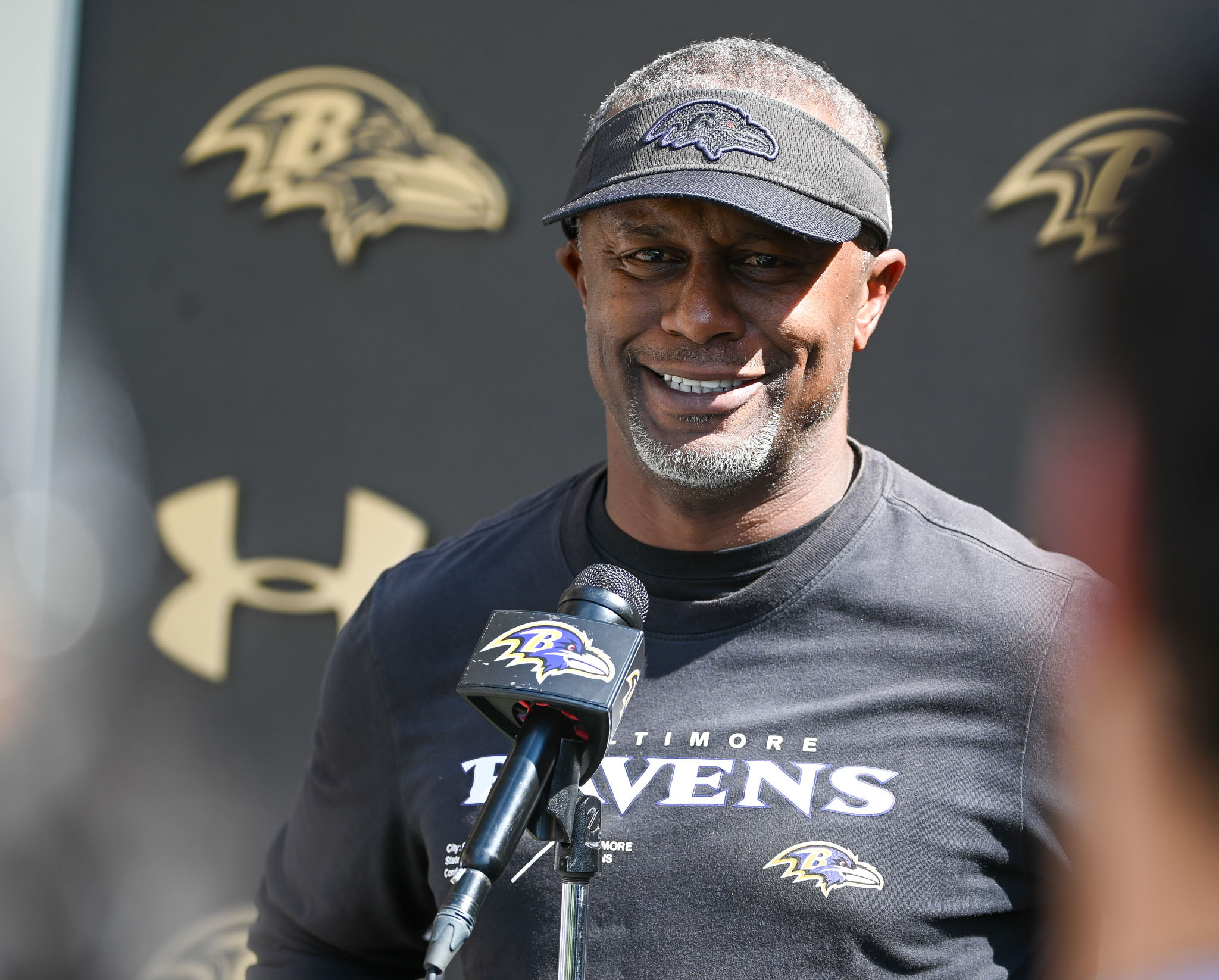 Baltimore Ravens running back coach Willie Taggart answers questions from the media after mandatory minicamp practice in Owings Mills, Md. (Kevin Richardson/Staff)
