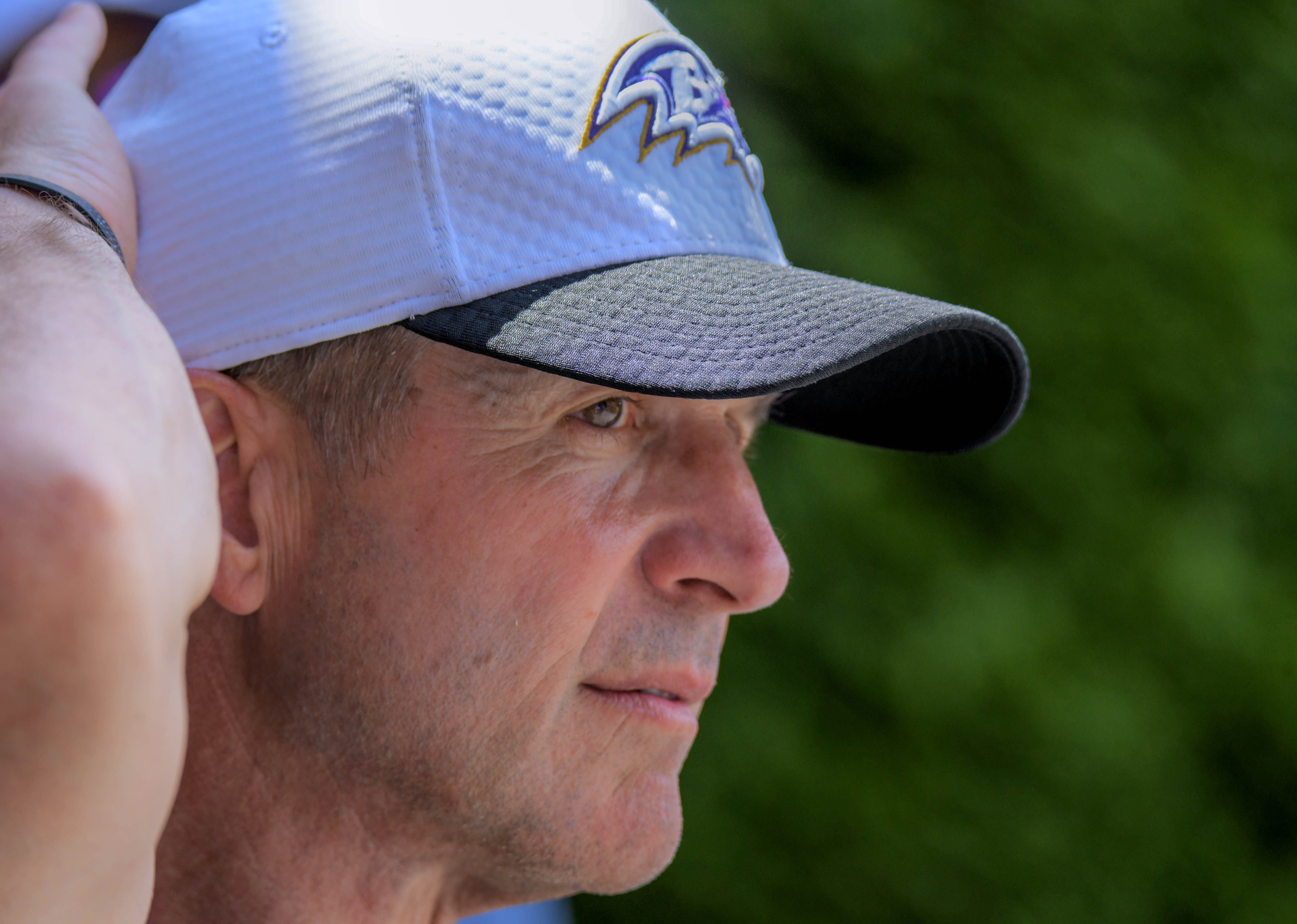 Baltimore Ravens head football coach John Harbaugh at the end of organized team activities at the Ravens training facility. (Karl Merton Ferron/Staff)