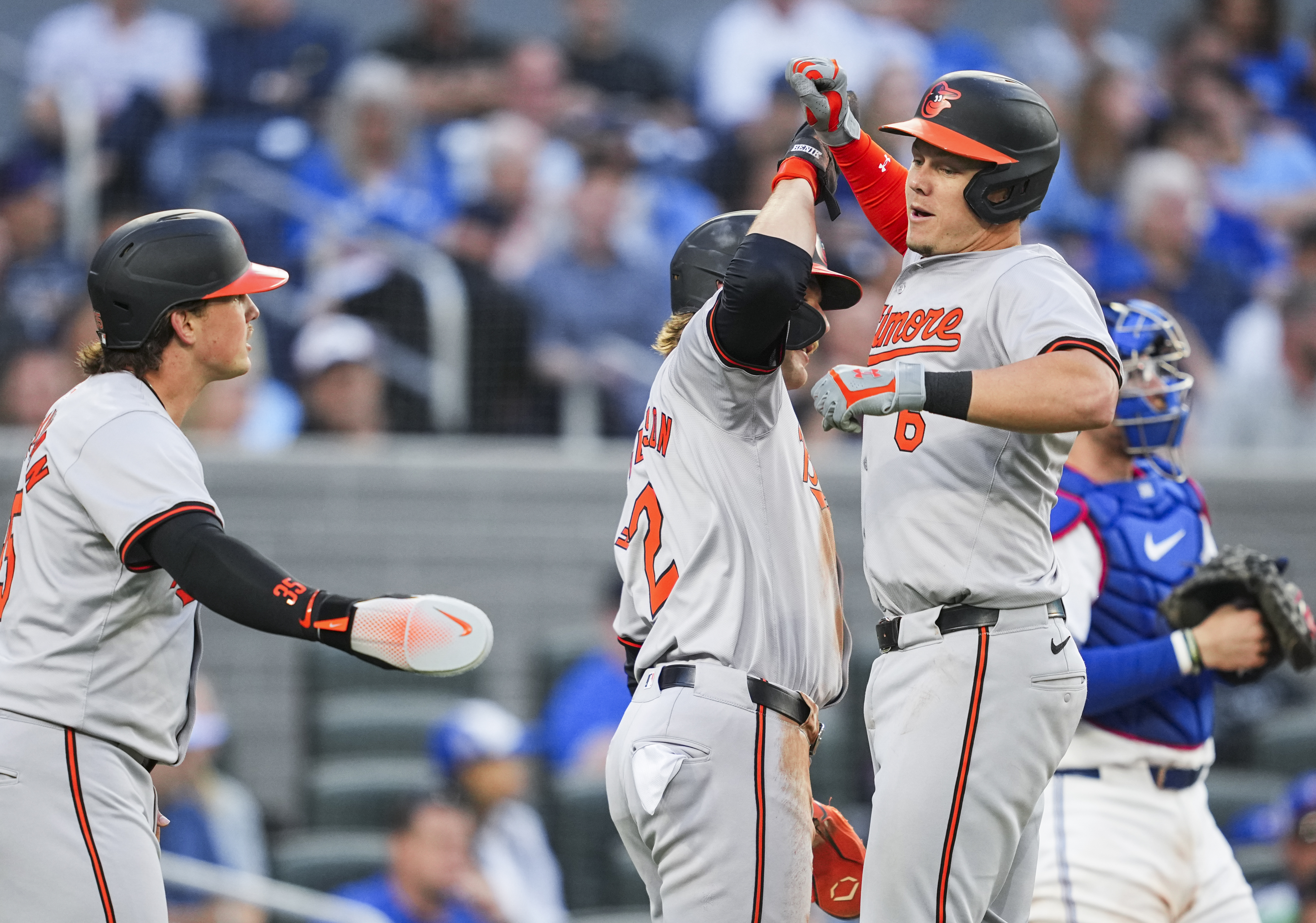 Ryan Mountcastle #6 of the Baltimore Orioles celebrates his three-run home run with Gunnar Henderson #2 and Adley Rutschman #35 in the third inning against the Toronto Blue Jays at the Rogers Centre on June 4, 2024 in Toronto, Ontario, Canada. (Photo by Mark Blinch/Getty Images)