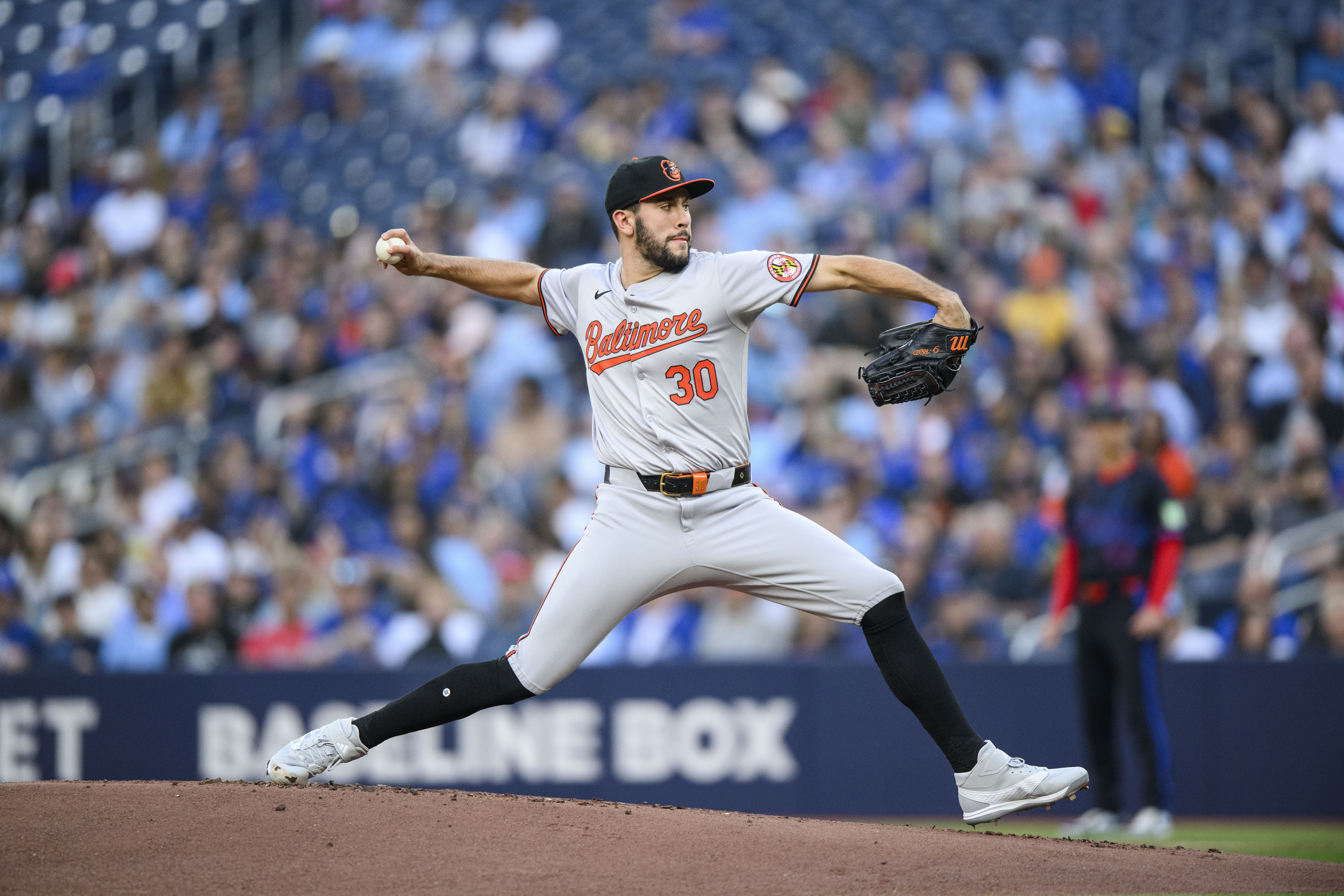 Baltimore Orioles pitcher Grayson Rodriguez throws during the first inning of a baseball game against the Toronto Blue Jays in Toronto, Monday, June 3, 2024. (Christopher Katsarov/The Canadian Press via AP)