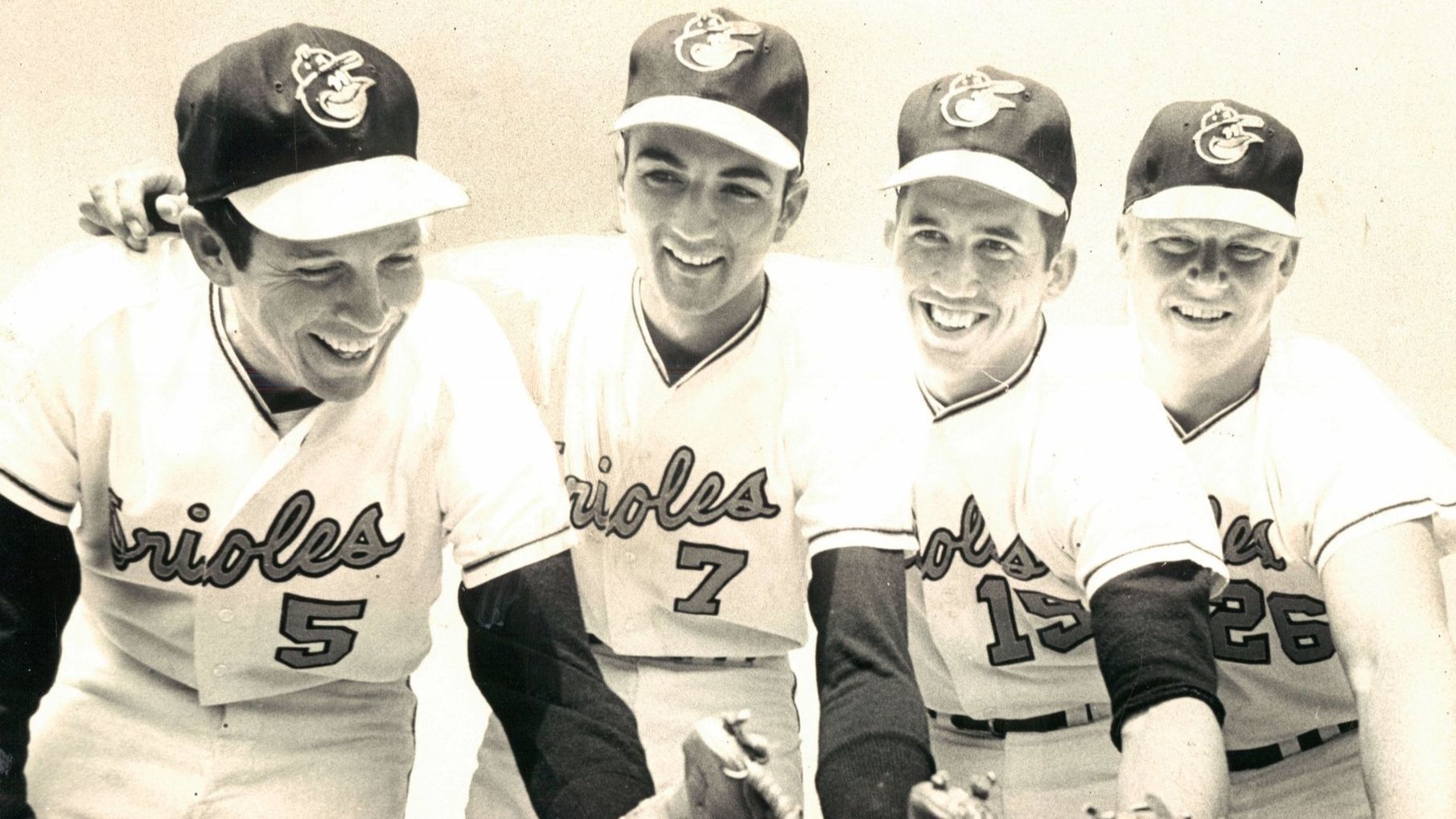 Orioles third baseman Brooks Robinson, shortstop Mark Belanger, second baseman Davey Johnson and first baseman Boog Powell are pictured from left to right April 8, 1969.