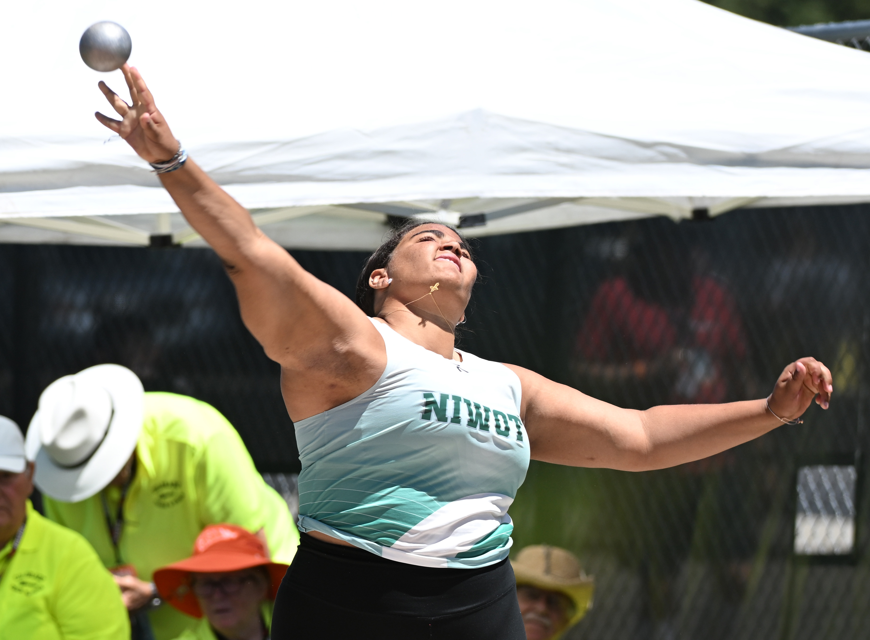 Jade West, of Niwot, wins the 4A shot put during the first day of the Colorado State Track and Field Championships on May 16, 2024.(Cliff Grassmick/Staff Photographer)