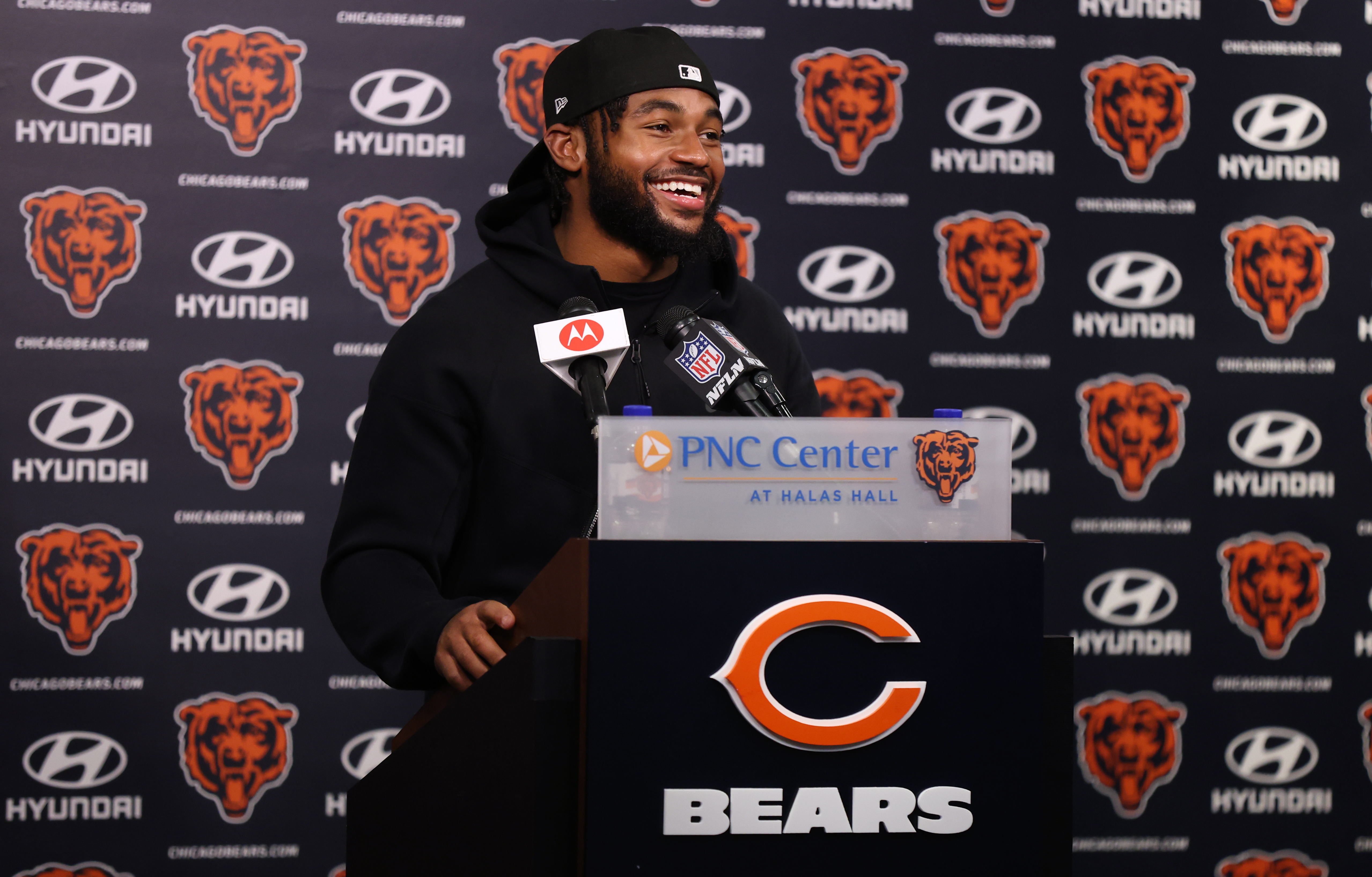 Chicago Bears running back D'Andre Swift (4) answers questions from the media following Organized Team Activities at Halas Hall in Lake Forest on Friday, May 31, 2024. (Chris Sweda/Chicago Tribune)