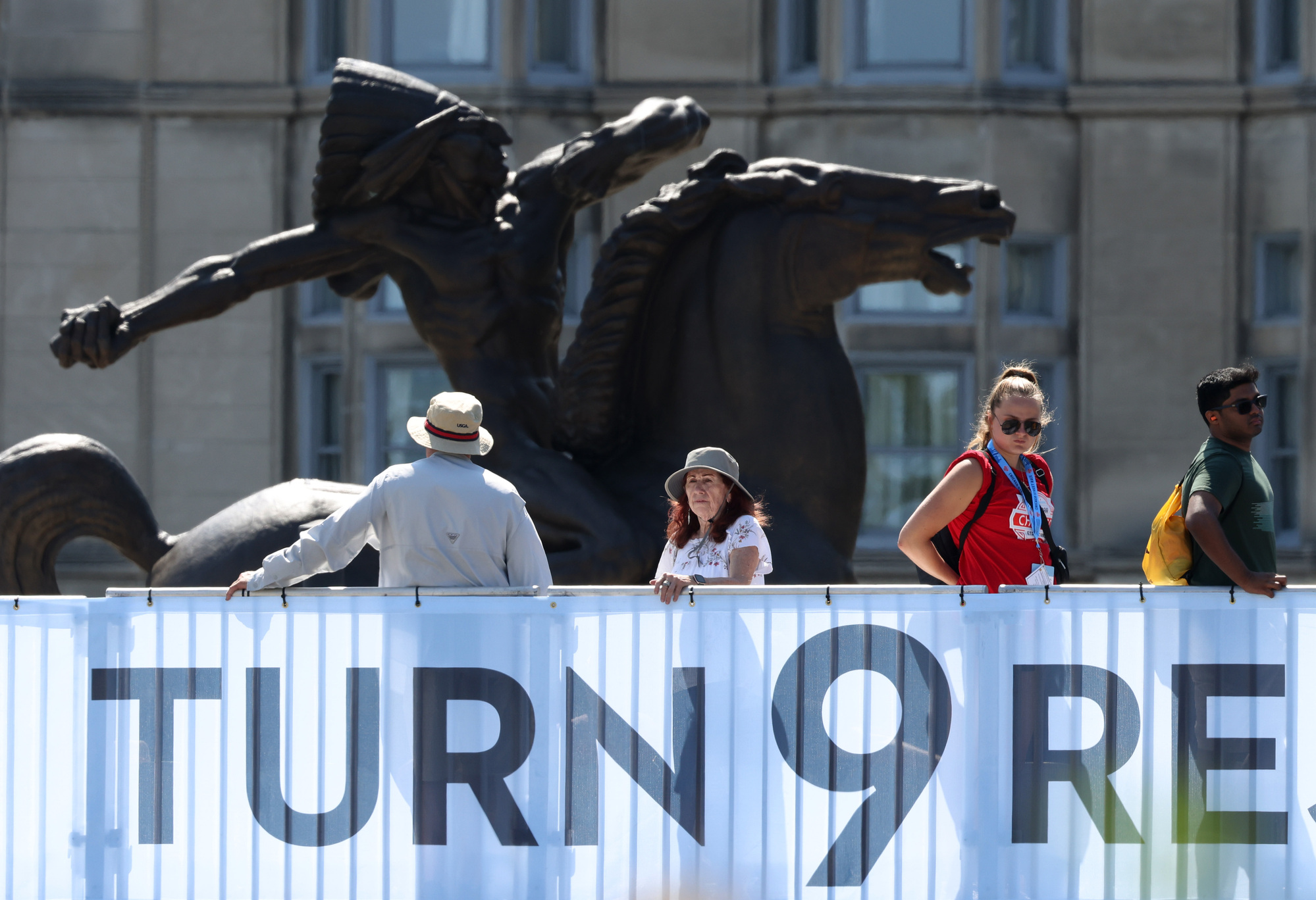 The north facing "Equestrian Indians" statue looms past the viewing stand on East Congress Plaza Drive during the NASCAR Xfinity Series race Saturday, July 6, 2024, in Chicago. (John J. Kim/Chicago Tribune)