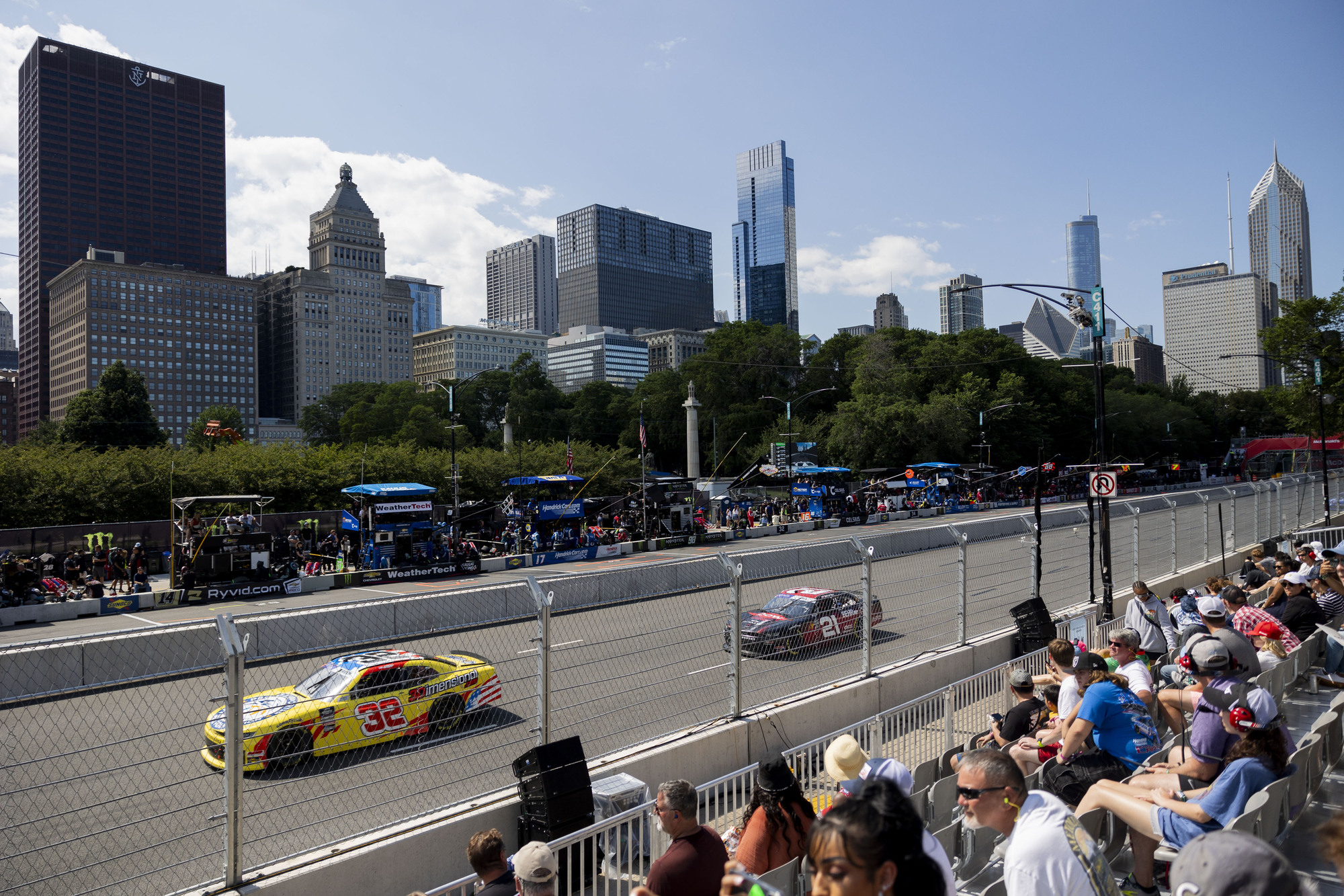 Cars race in the Xfinity Series during the first day of the NASCAR Street Race on Saturday, July 6, 2024, at Grant Park in Chicago (Vincent Alban/Chicago Tribune)