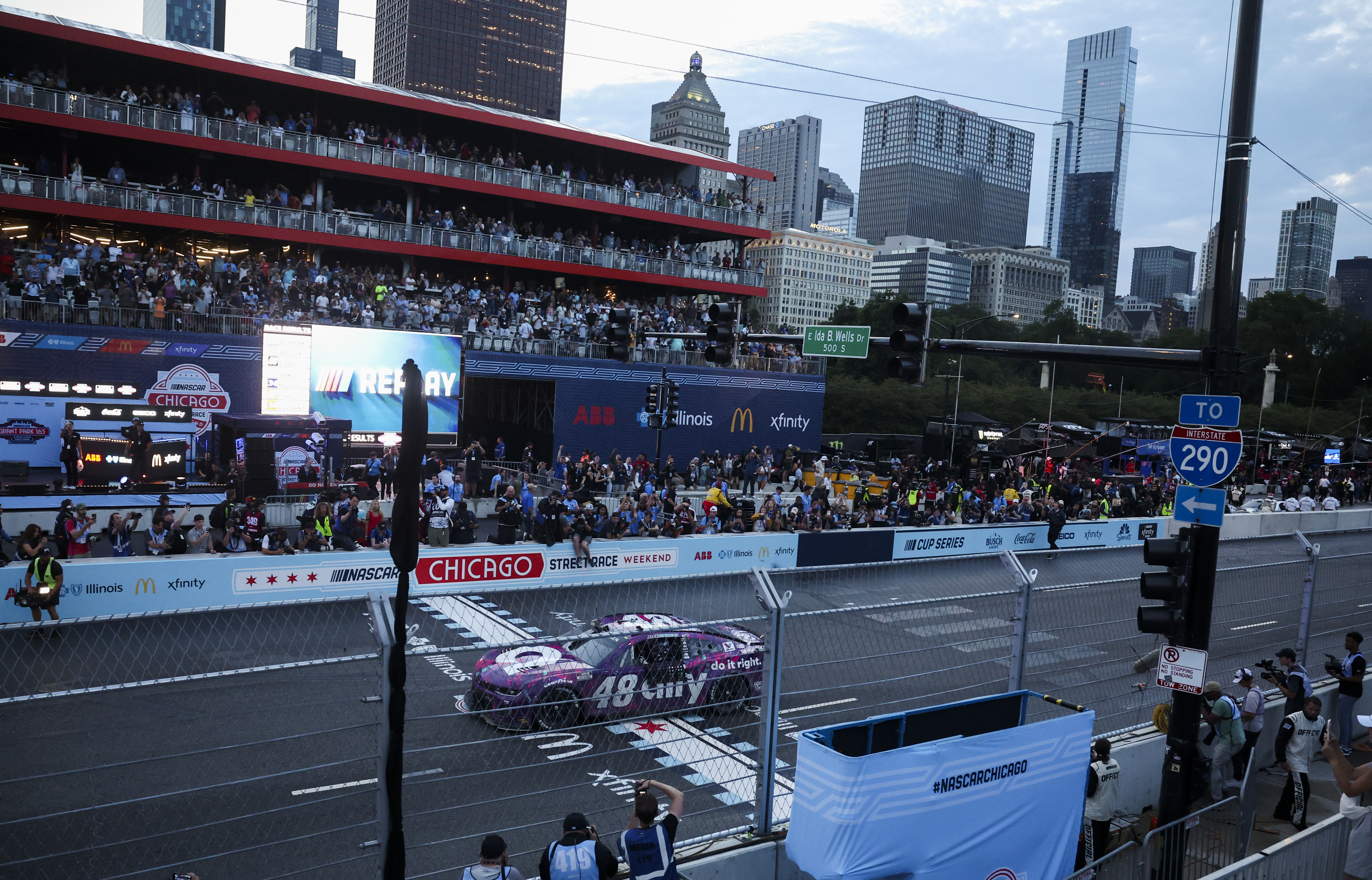 Alex Bowman finishes his victory lap after winning the NASCAR Chicago Street Race in Grant Park on July 7, 2024. (Eileen T. Meslar/Chicago Tribune)