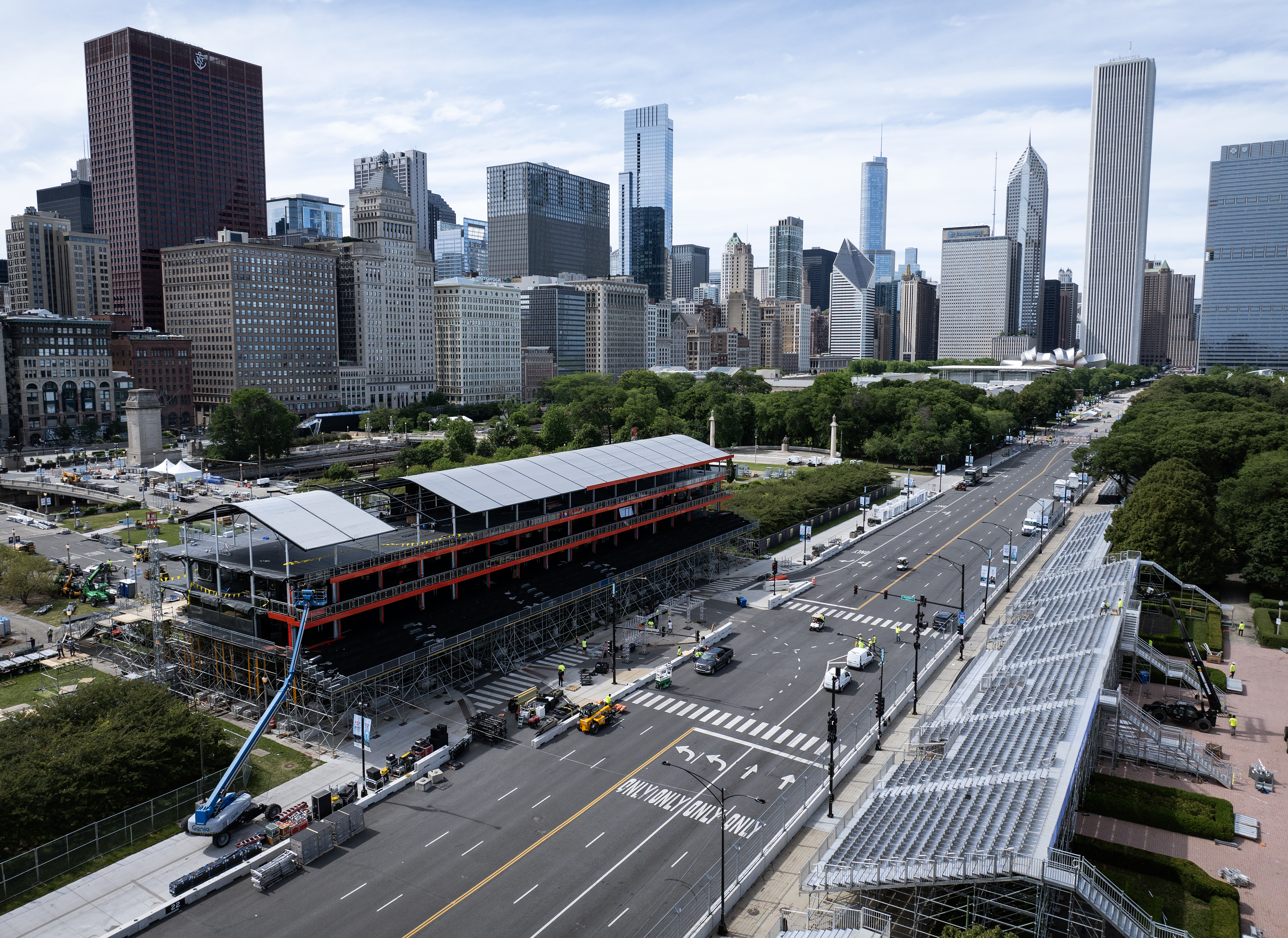 A grandstand and bleachers are nearly complete ahead of the NASCAR Chicago Street Race weekend on Columbus Drive in Grant Park, July 1, 2024. (E. Jason Wambsgans/Chicago Tribune)