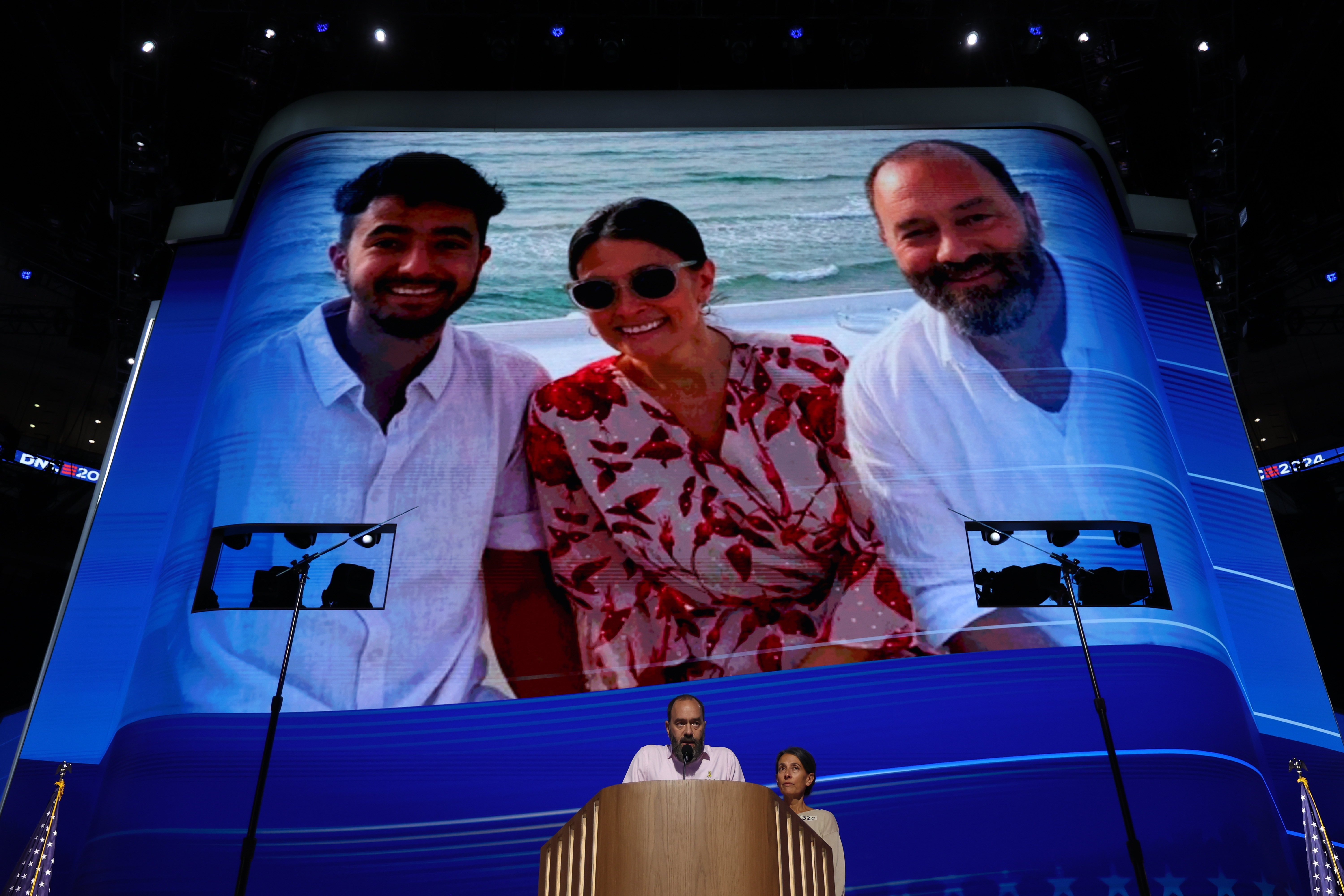 Jon Polin and Rachel Goldberg, parents of Hersh Goldberg-Polin an Israeli hostage in Gaza, Aug. 21, 2024, during the Democratic National Convention at the United Center. (Brian Cassella/Chicago Tribune)