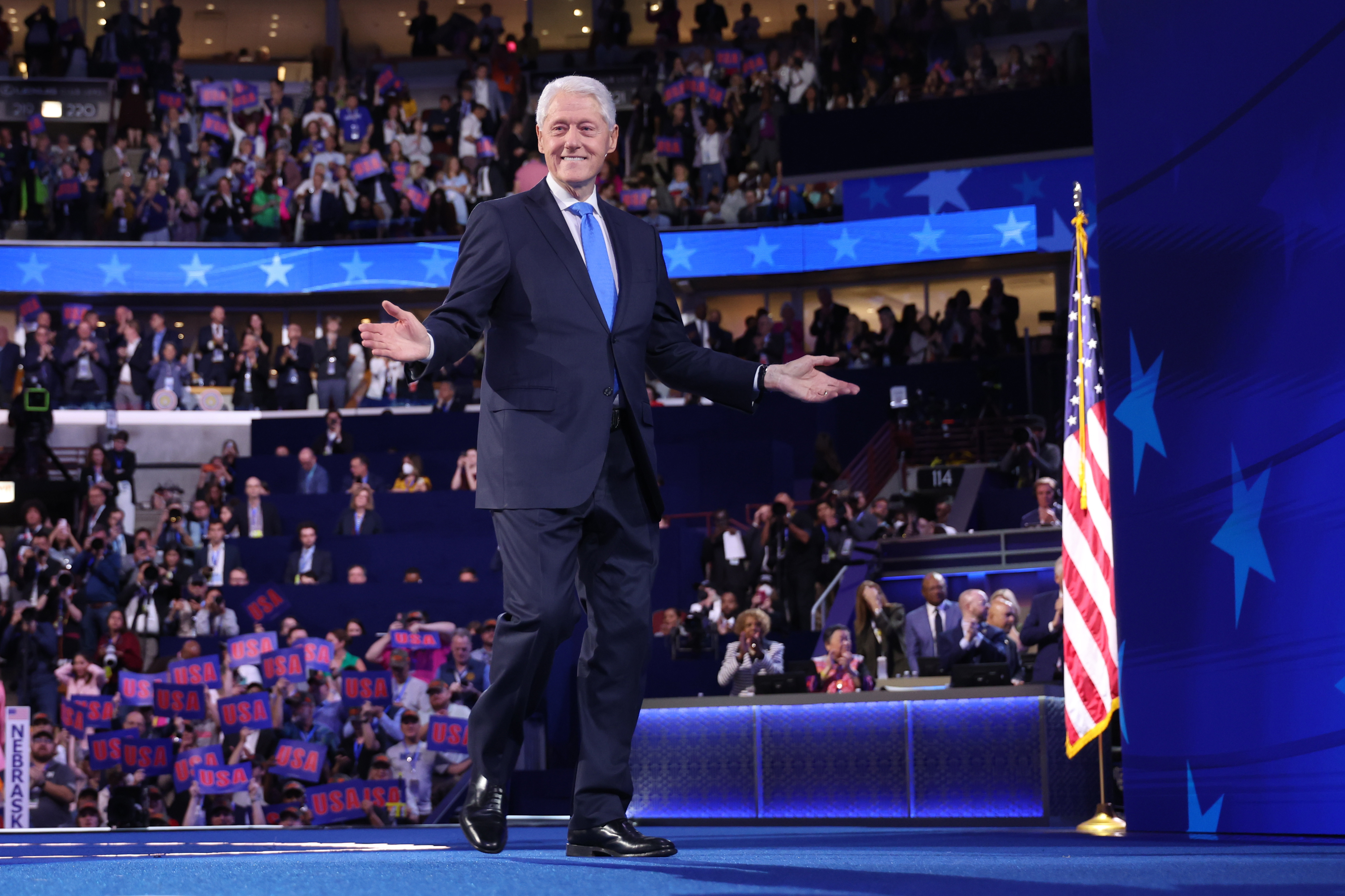 Former President Bill Clinton speaks to delegates, Aug. 21, 2024, during the Democratic National Convention at the United Center. (Brian Cassella/Chicago Tribune)