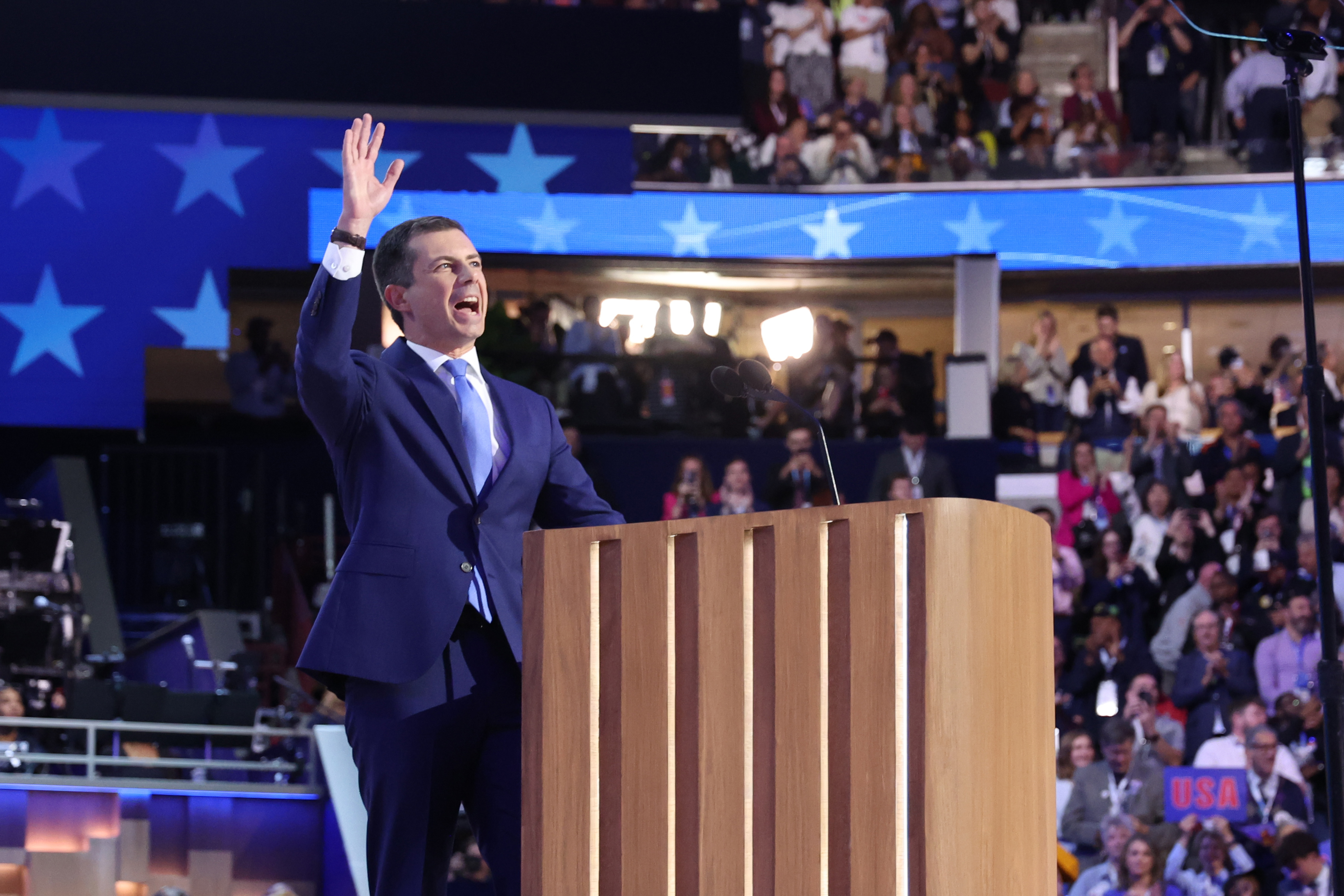 Transportation Secretary Pete Buttigieg speaks at the Democratic National Convention at the United Center in Chicago on Aug. 21, 2024. (Brian Cassella/Chicago Tribune)