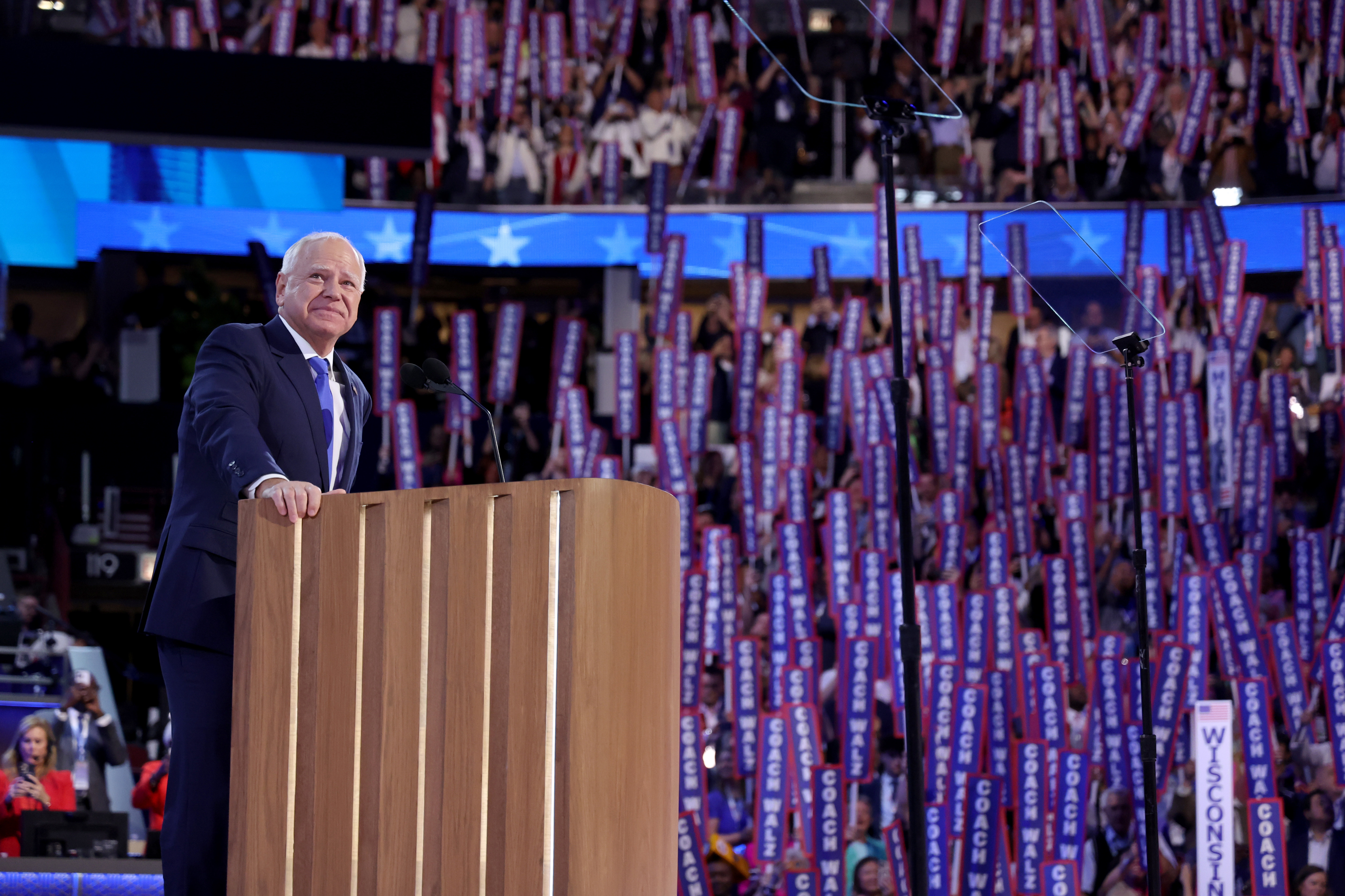 Democratic vice presidential nominee Minnesota Gov. Tim Walz speaks at the Democratic National Convention at the United Center in Chicago on Aug. 21, 2024. (Brian Cassella/Chicago Tribune)