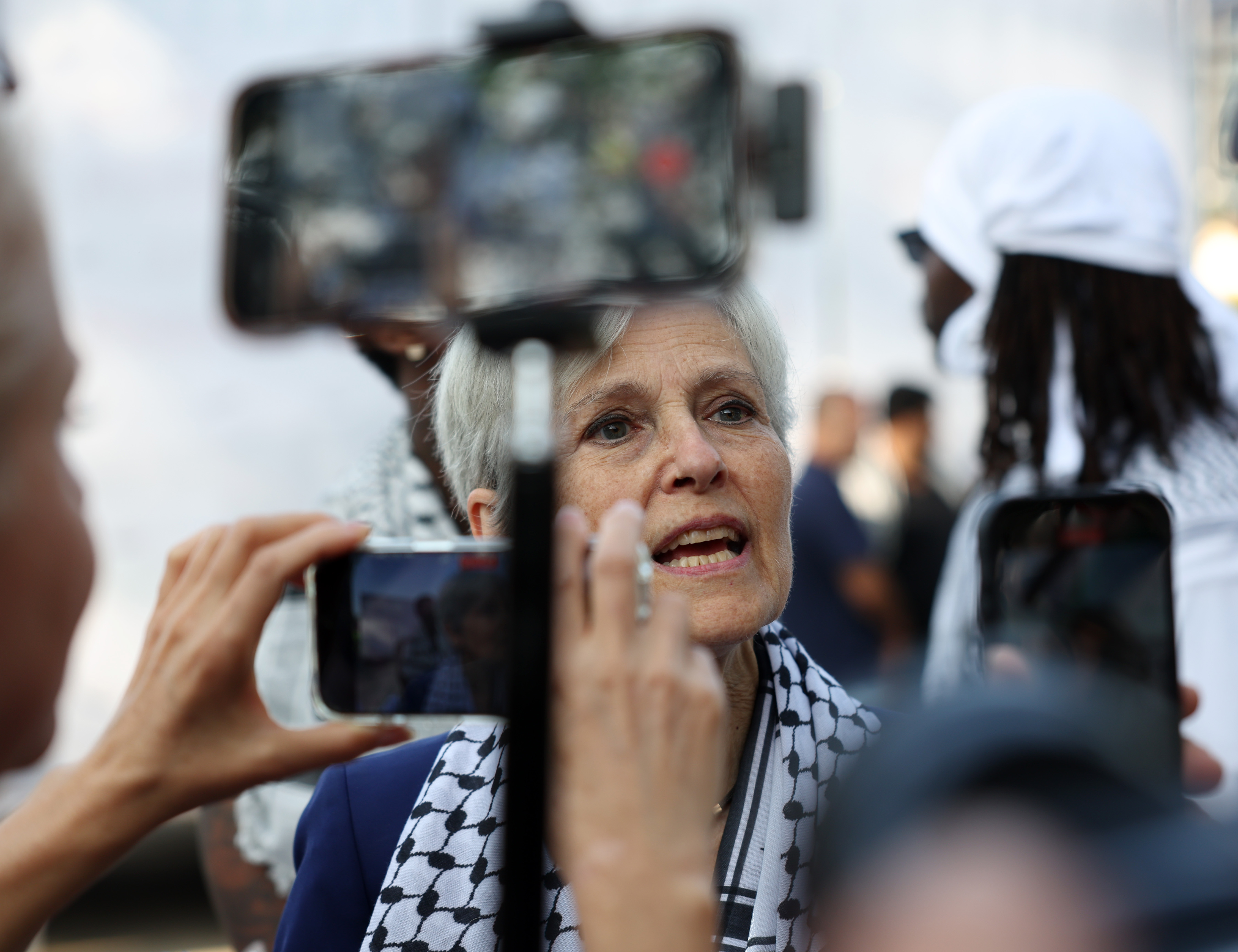 Green Party presidential candidate Jill Stein gives an interview during a protest against the Israel-Hamas war at Union Park, ahead of the Democratic National Convention being held at the United Center Wednesday, Aug. 21, 2024, in Chicago. (John J. Kim/Chicago Tribune)