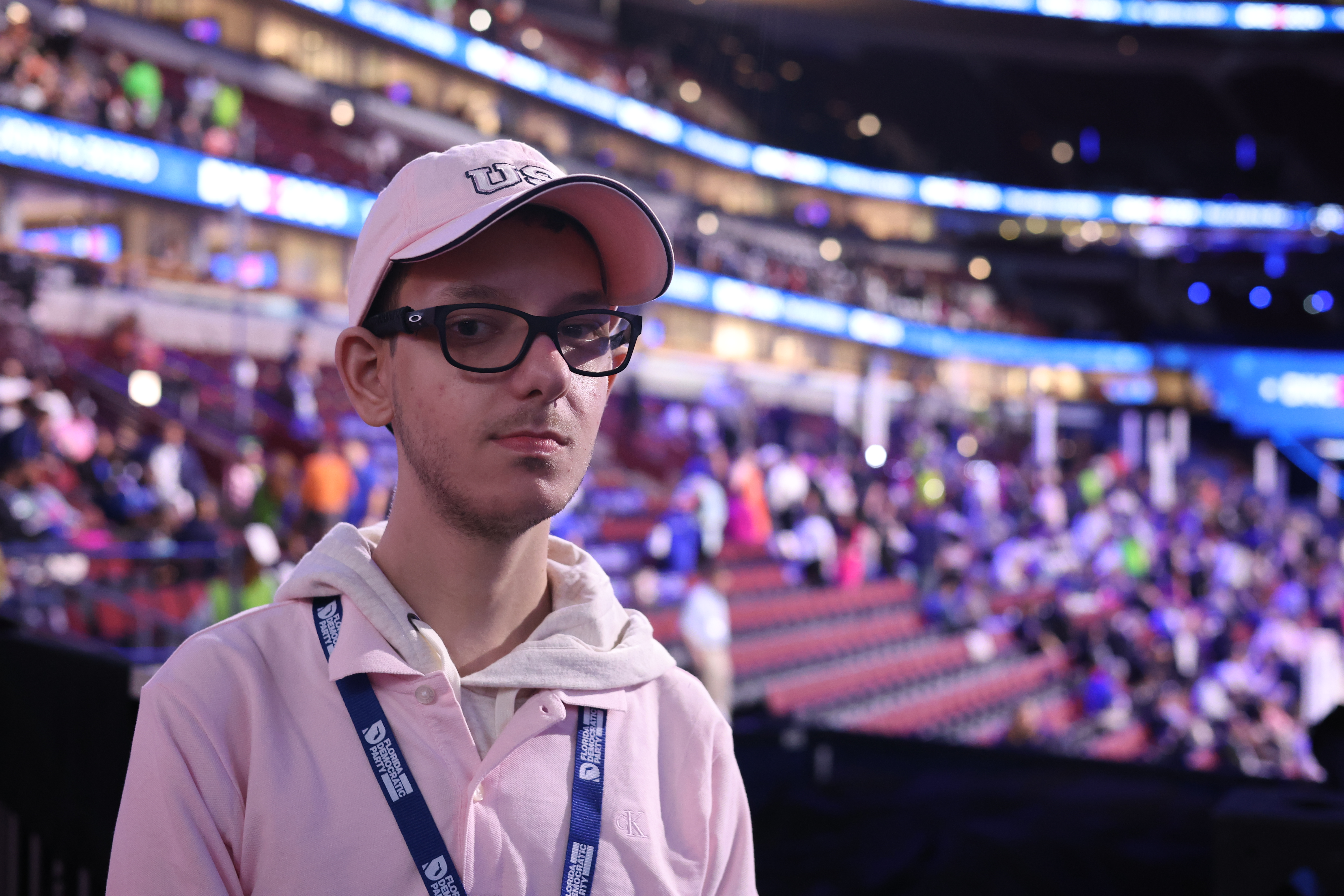 Florida Delegate Chase Cooper, 19, on Aug. 21, 2024, at the Democratic National Convention at the United Center. (Eileen T. Meslar/Chicago Tribune)