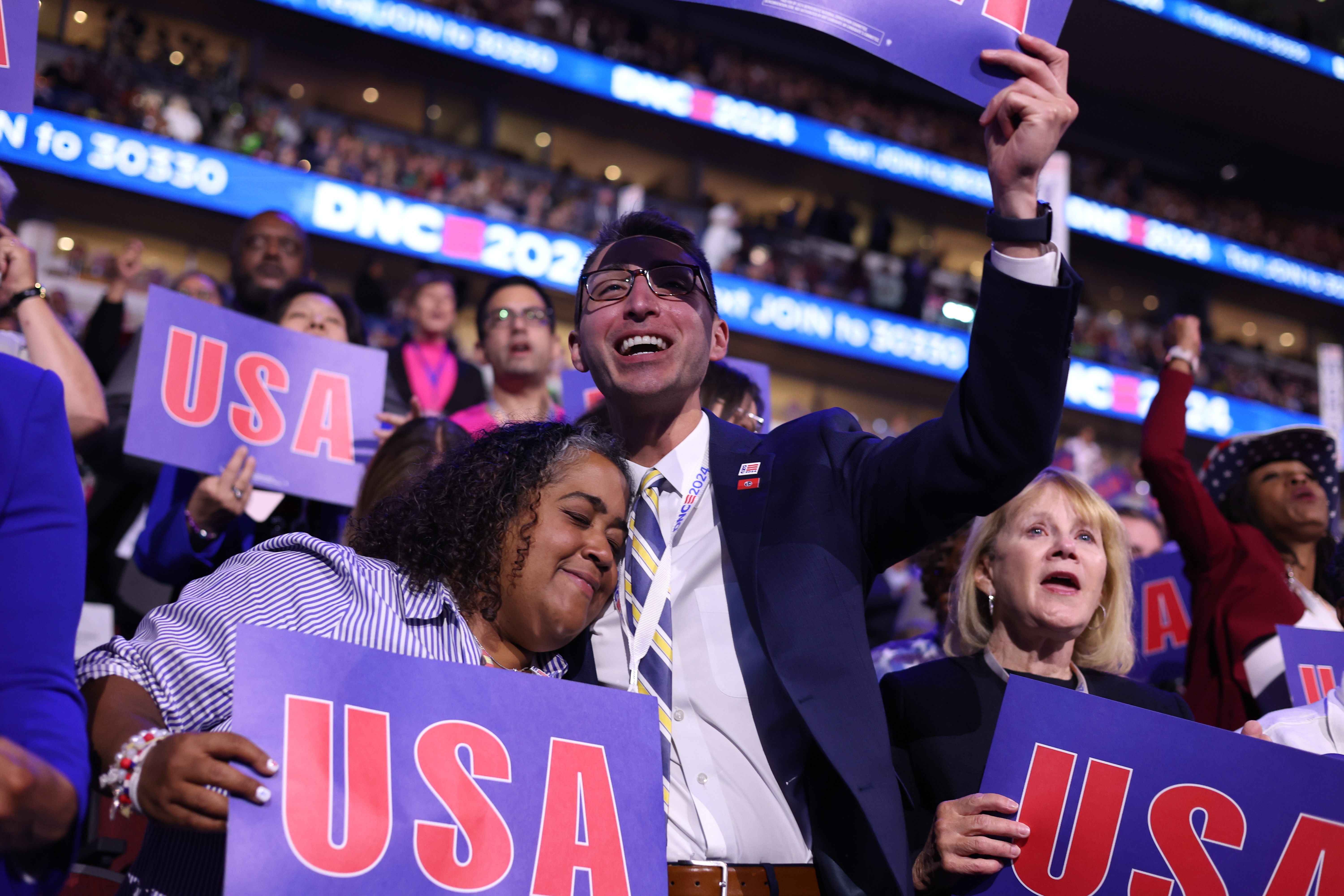 Delegates from Tennessee cheer, Aug. 21, 2024, at the Democratic National Convention at the United Center. (Eileen T. Meslar/Chicago Tribune)