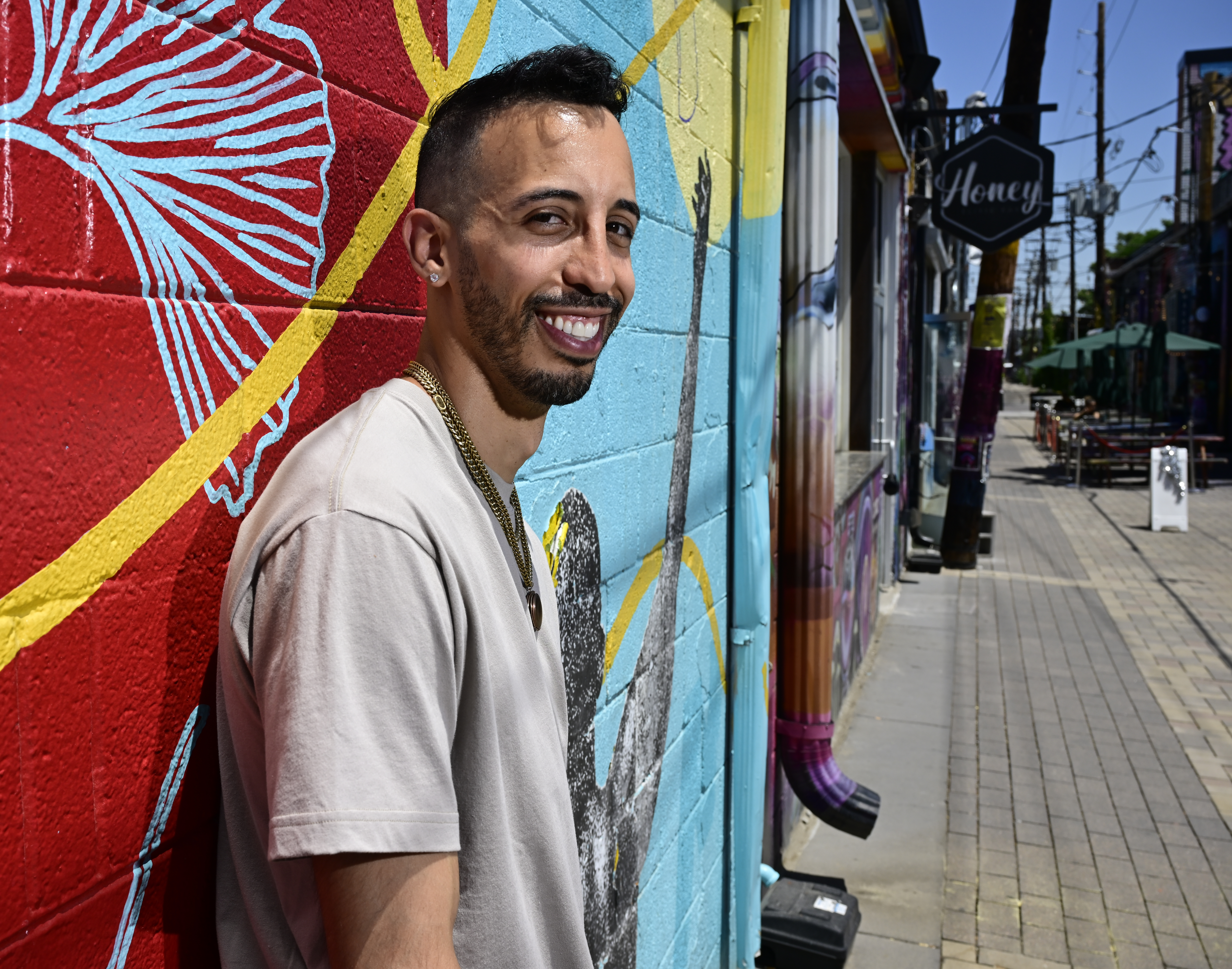 Comedian Sammy Anzer in an alley near the Denver Central Market in Denver Wednesday, June 12, 2024. (Photo by Andy Cross/The Denver Post)