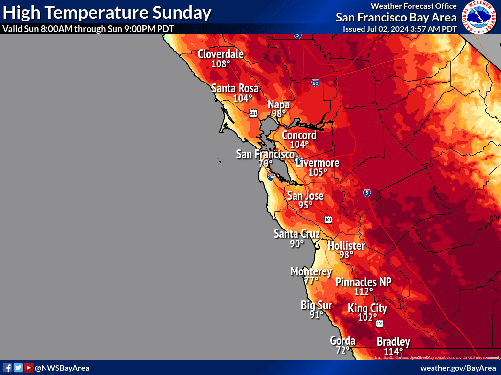 A heat wave gripping the Bay Area is expected to continue at least through Sunday July 8, 2024, the National Weather Service predicted on Tuesday July 2, 2024. (Image: National Weather Service)