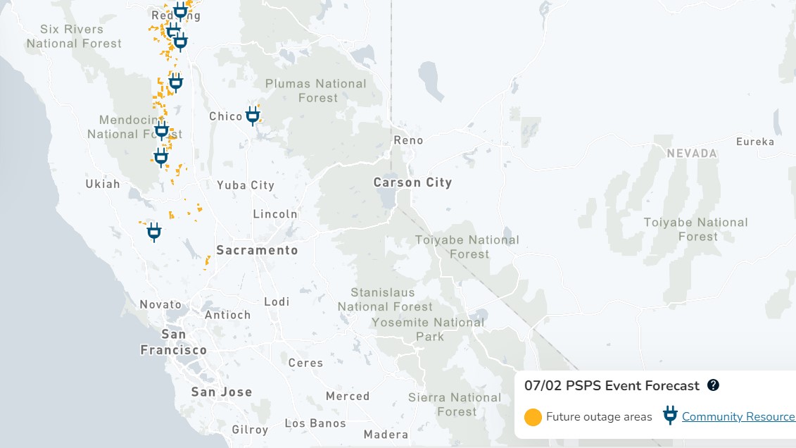 PG&E on Tuesday July2, 2024 issued public safety power shutoffs to reduce fire risk in the Sacramento Valley, but not in the Bay Area. (Image: PG&E)