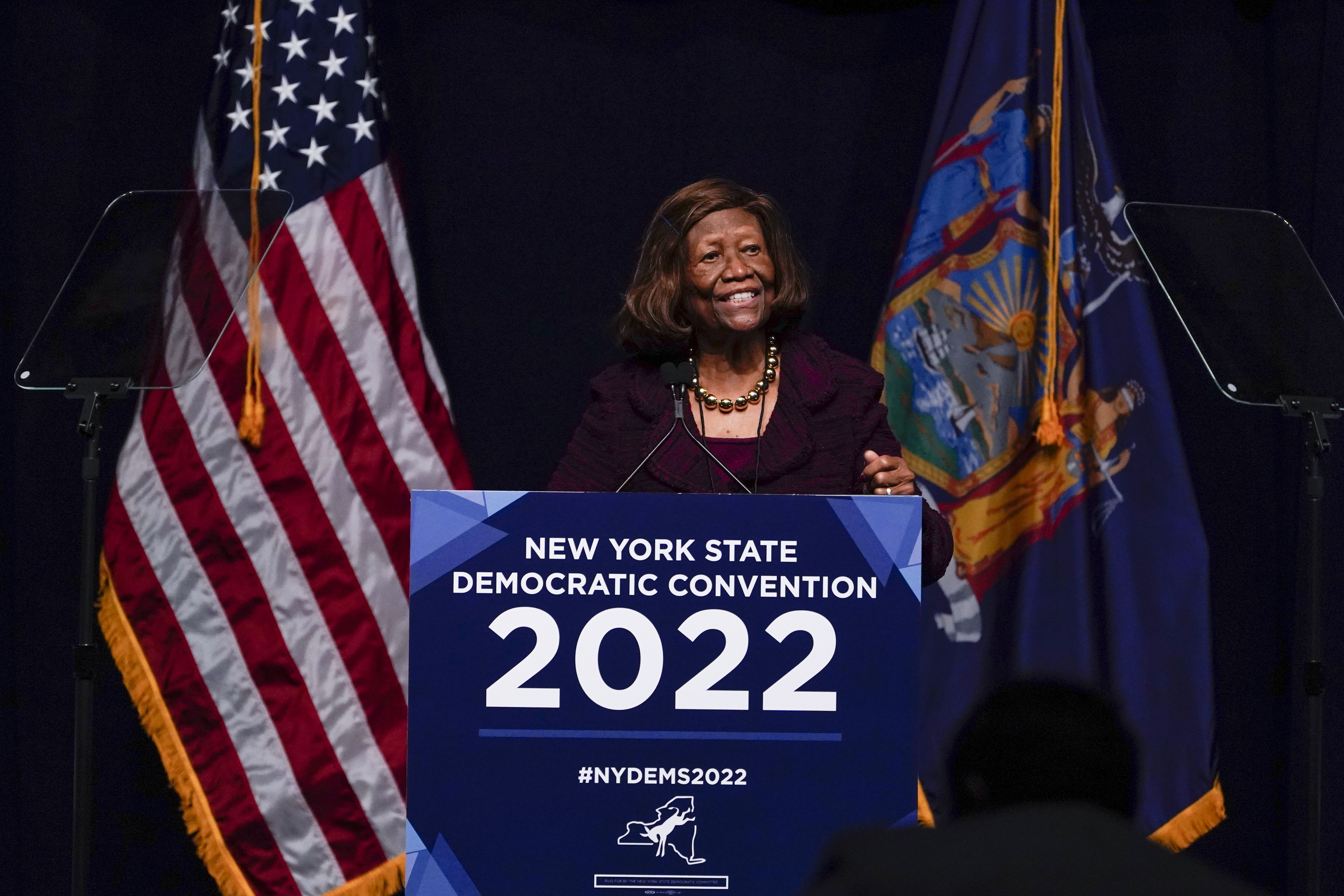 New York NAACP President Hazel Dukes speaks during the New York State Democratic Convention in New York, Thursday, Feb. 17, 2022. (AP Photo/Seth Wenig)