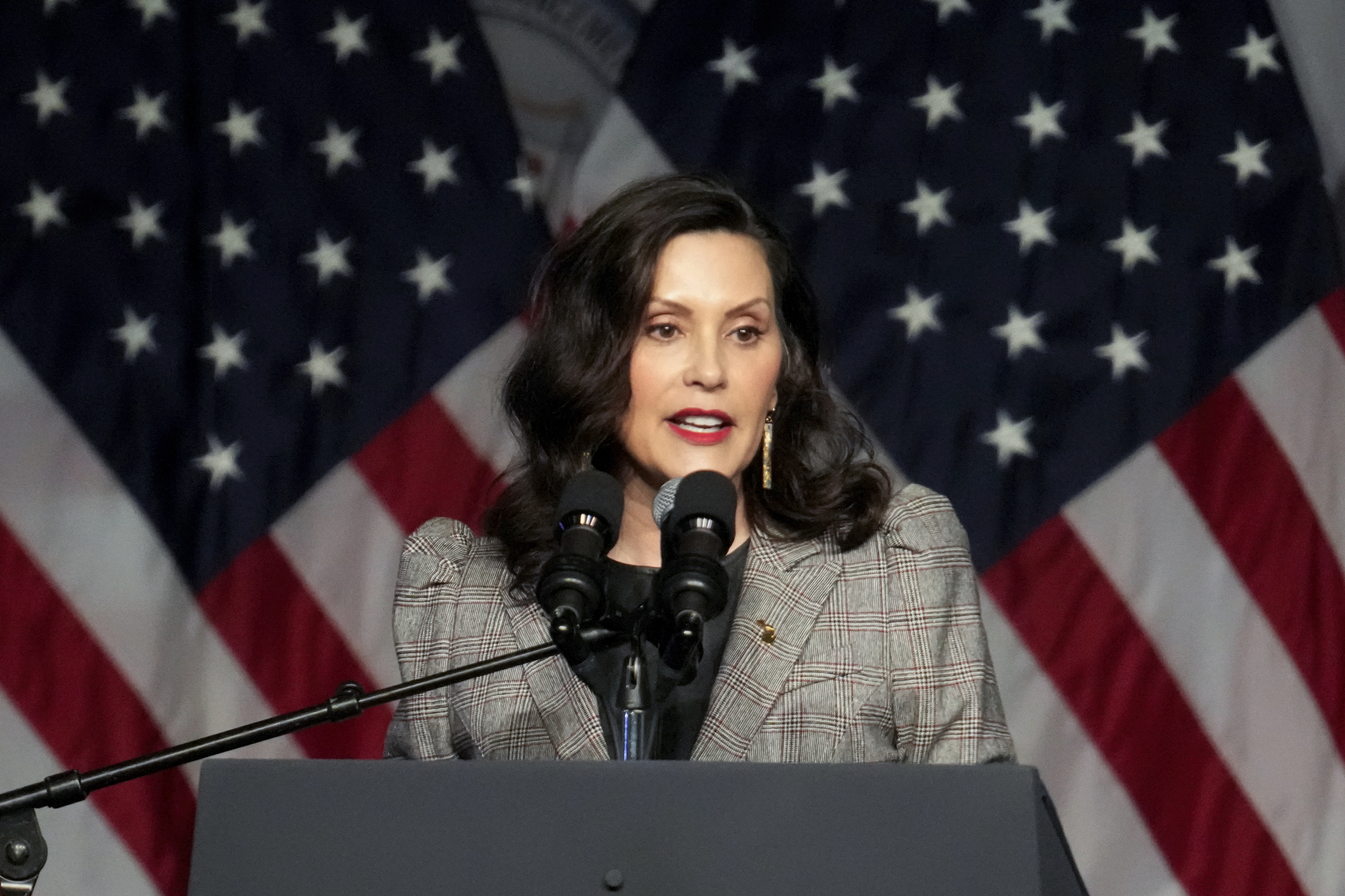 Gov. Gretchen Whitmer speaks at the NAACP Detroit branch Fight for Freedom Fund dinner in Detroit, Sunday, May 19, 2024. (AP Photo/Paul Sancya)