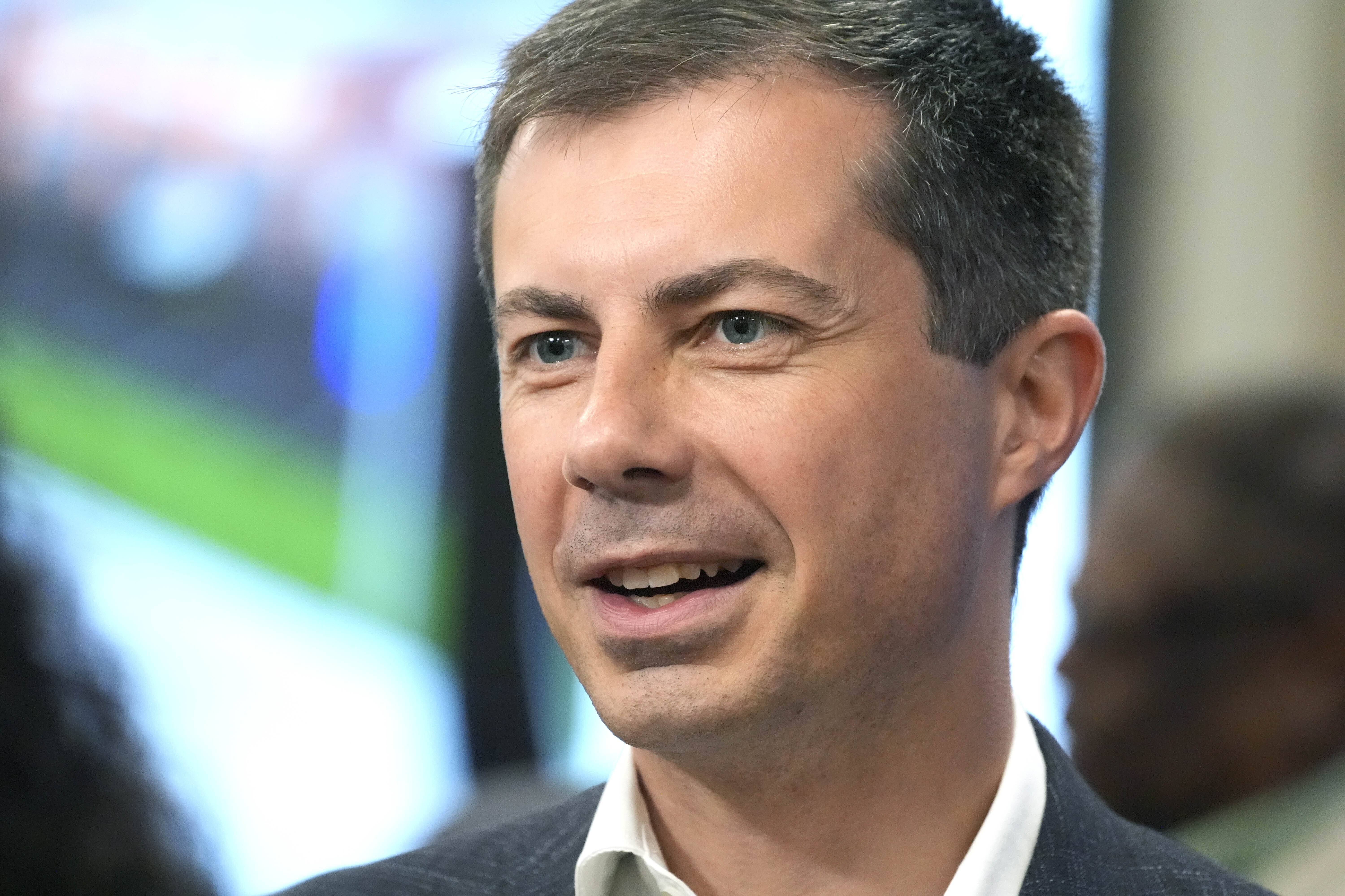 United States Transportation Secretary Pete Buttigieg speaks with reporters after a news conference at Hinds Community College following the groundbreaking for the Medgar Evers Boulevard Project in Jackson, Miss., Friday, June 21, 2024. (AP Photo/Rogelio V. Solis)