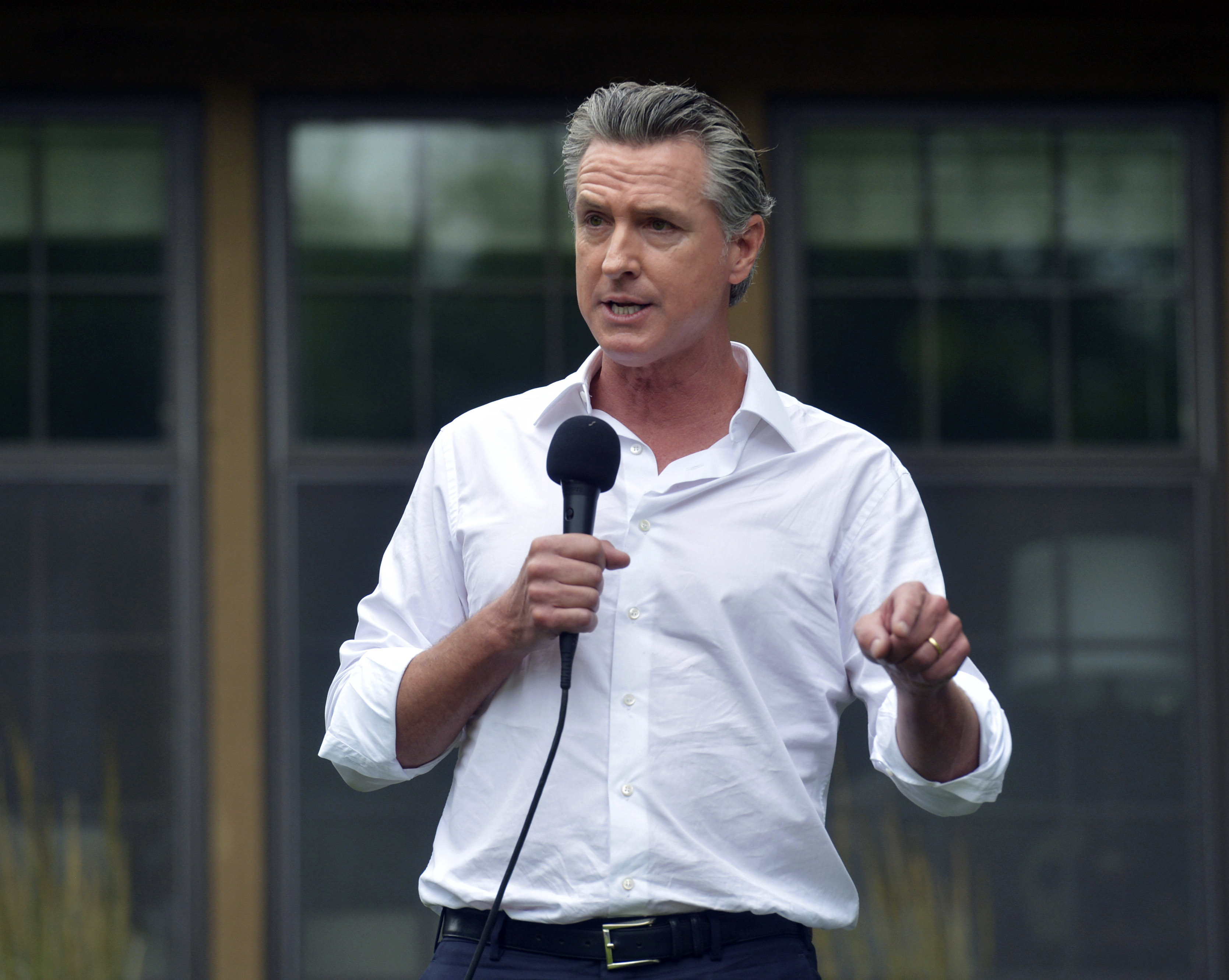 California Gavin Gavin Newsom speaks with supporters during a stop Thursday, July 4, 2024, at the Van Buren County Democratic Party Fourth of July reception in South Haven, Mich. Newsom offered a forceful defense of embattled President Joe Biden on Thursday, telling Democrats in Michigan that the 81-year-old president has the record and energy to win a second term despite widespread doubts about his ability to campaign or govern effectively. (Don Campbell/The Herald-Palladium via AP)