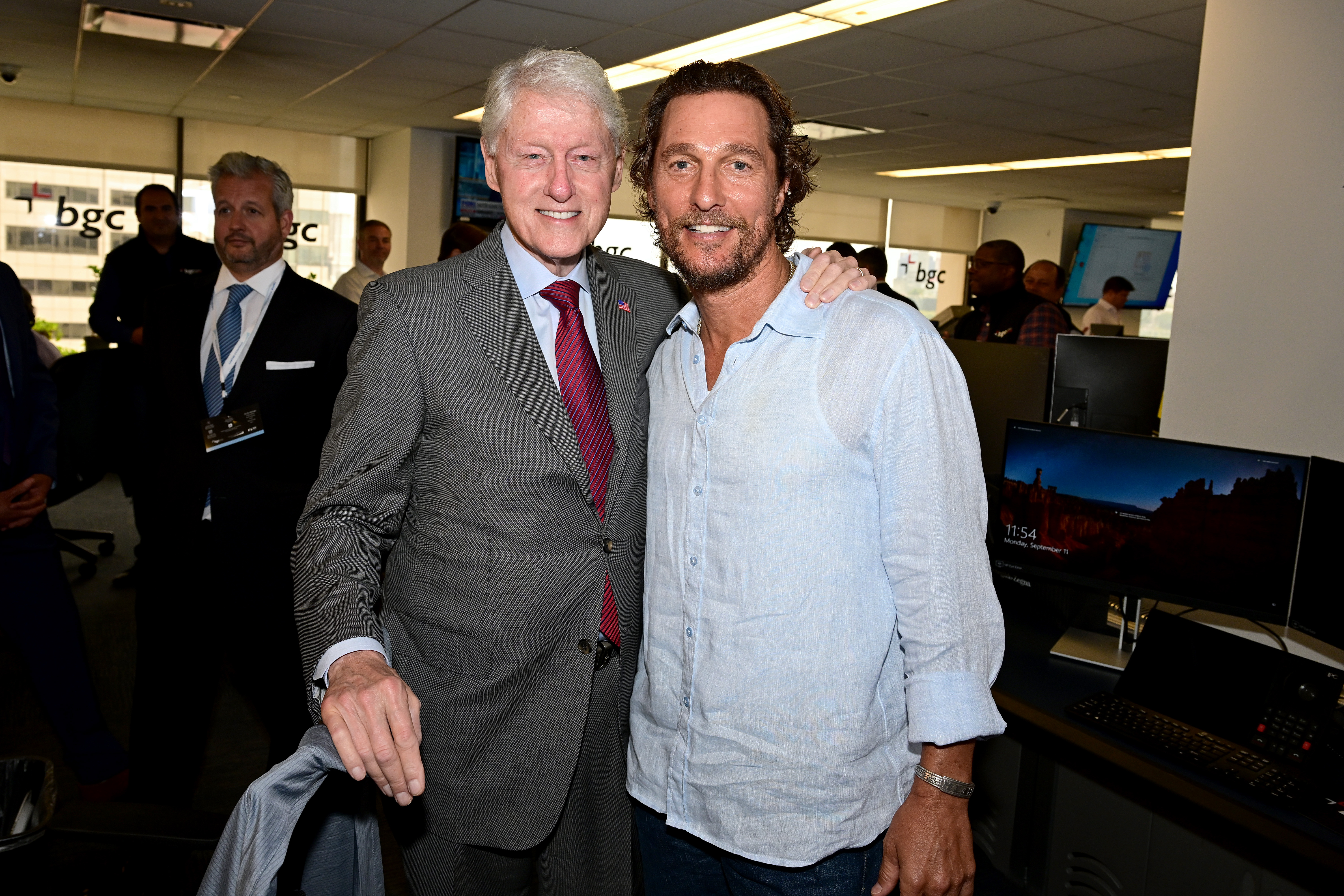 (L-R) Bill Clinton and Matthew McConaughey attend the annual Charity Day hosted by BGC Group and The Cantor Fitzgerald Relief Fund on September 11, 2023 in New York City. (Photo by Dave Kotinsky/Getty Images for The Cantor Fitzgerald Relief Fund)