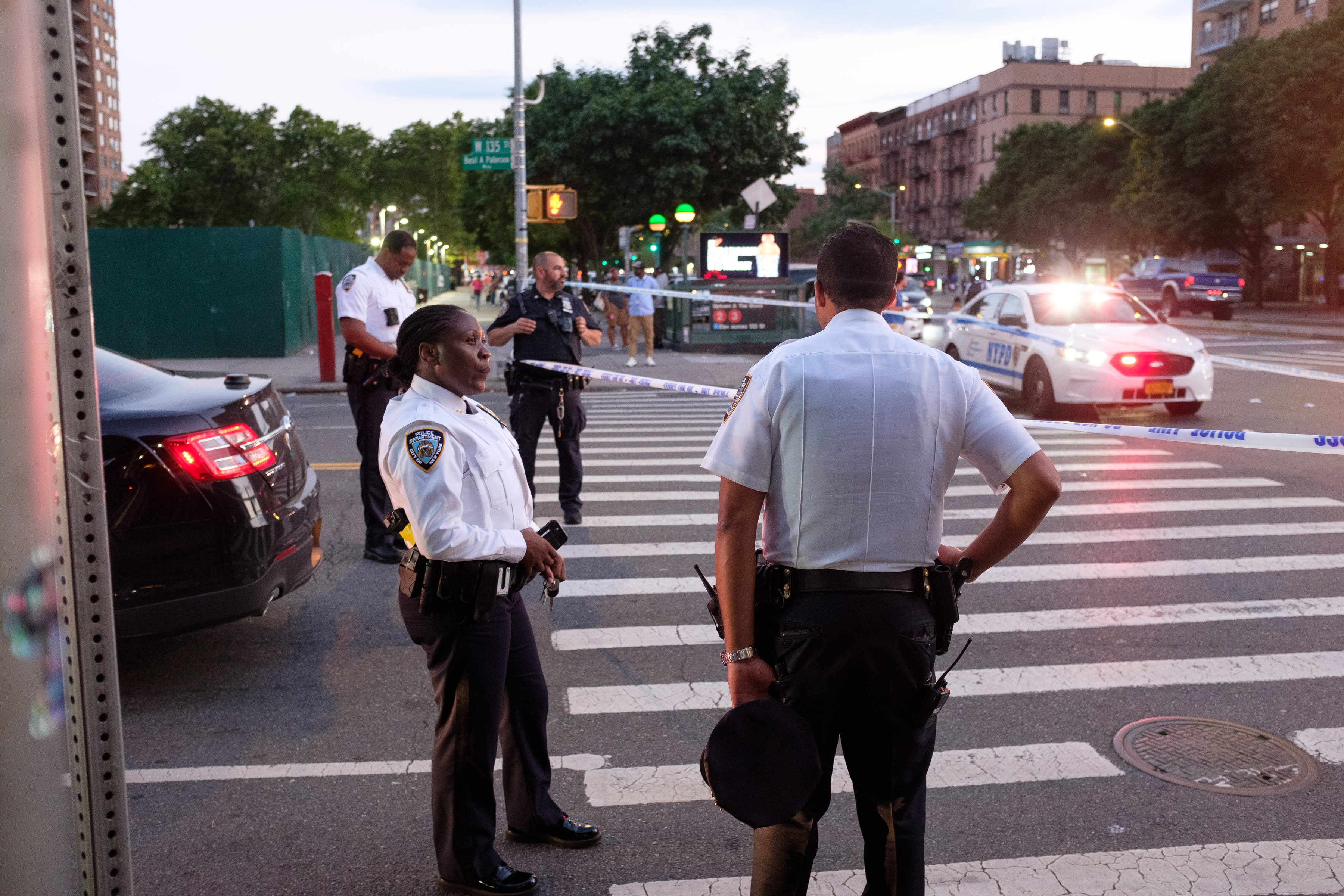 Police respond after a child was struck by a car on East 135th Street and Lenox Avenue in Manhattan, New York City on Thursday, July 11 2024. (Gardiner Anderson for New York Daily News)