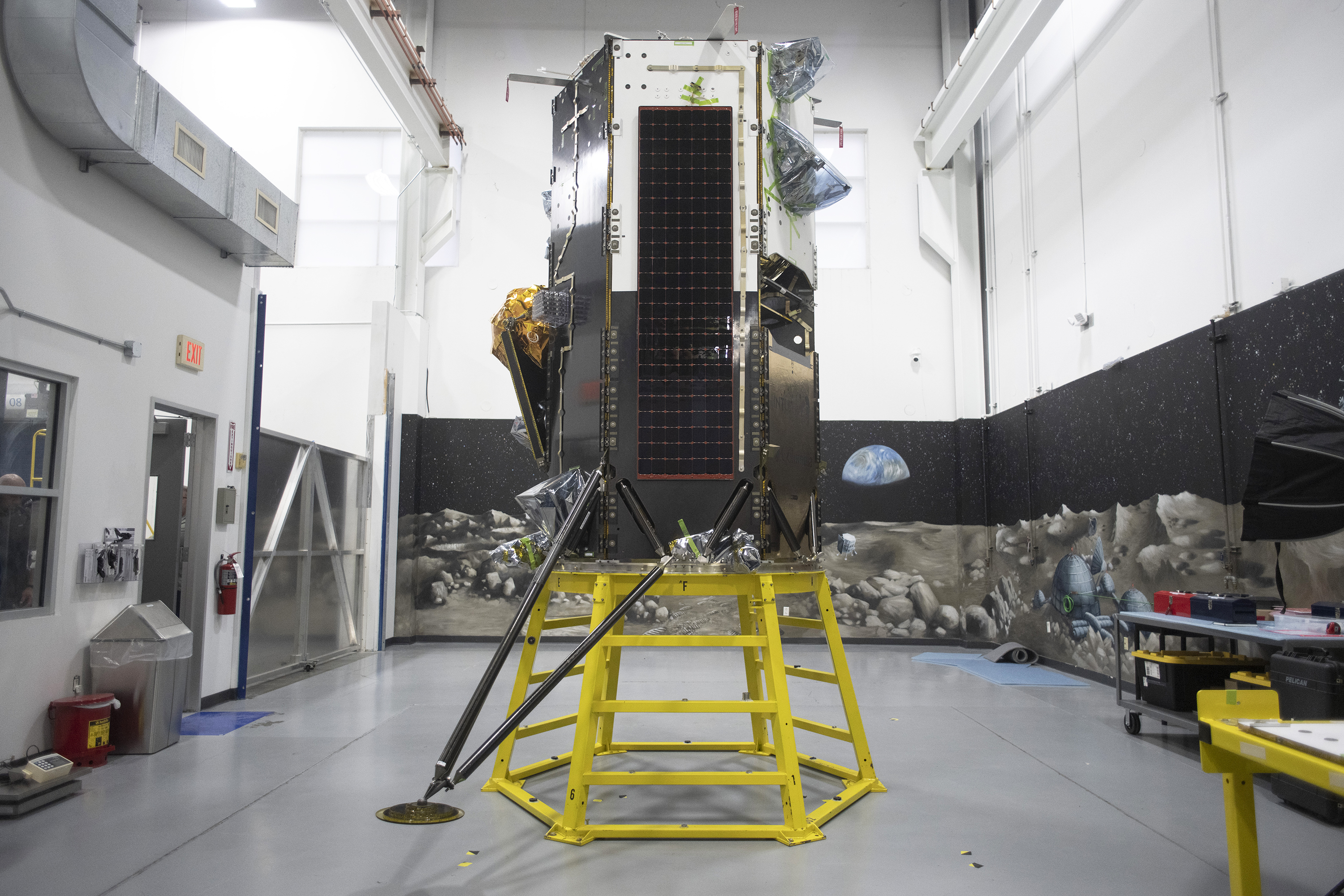 Intuitive Machines' Nova-C lunar lander is shown Feb. 1, 2023, at the company's facility in Houston. The lander, named Odysseus, made it to the lunar surface Feb. 15, 2024, but tipped over and came to rest sideways, possibly propped up on a rock at one end, according to the company CEO. (Brandon Thibodeaux/The New York Times)