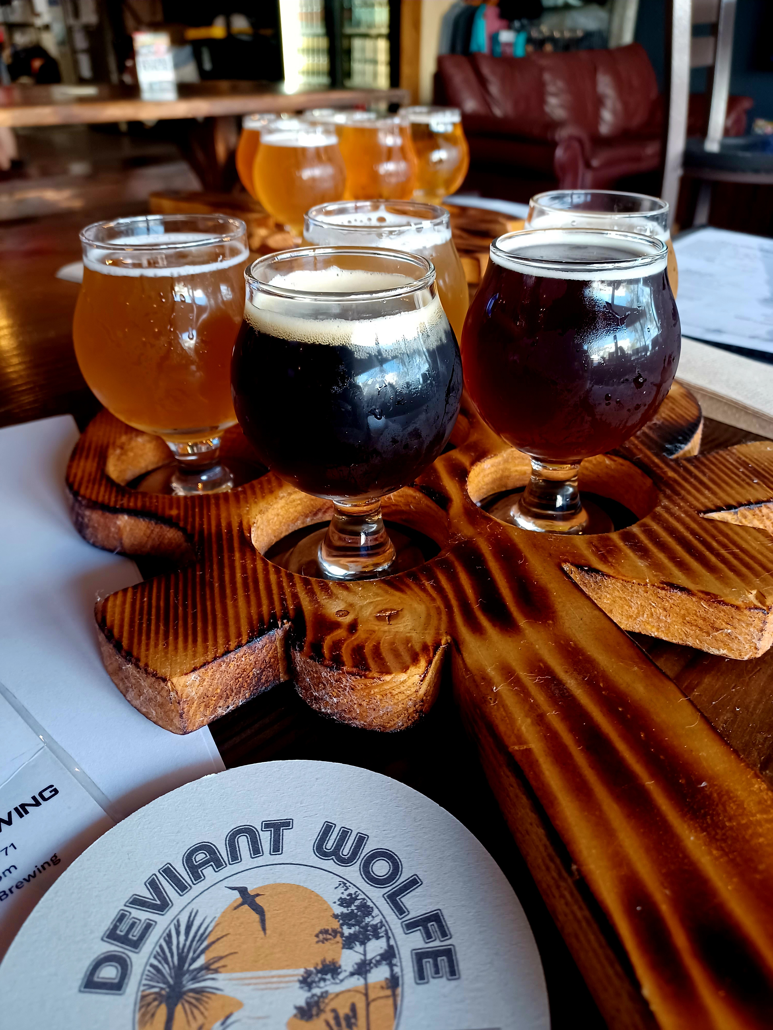 A five-beer flight from Sanford's Deviant Wolfe Brewing allows guests to sample the available styles. (Amy Drew Thompson/Orlando Sentinel)