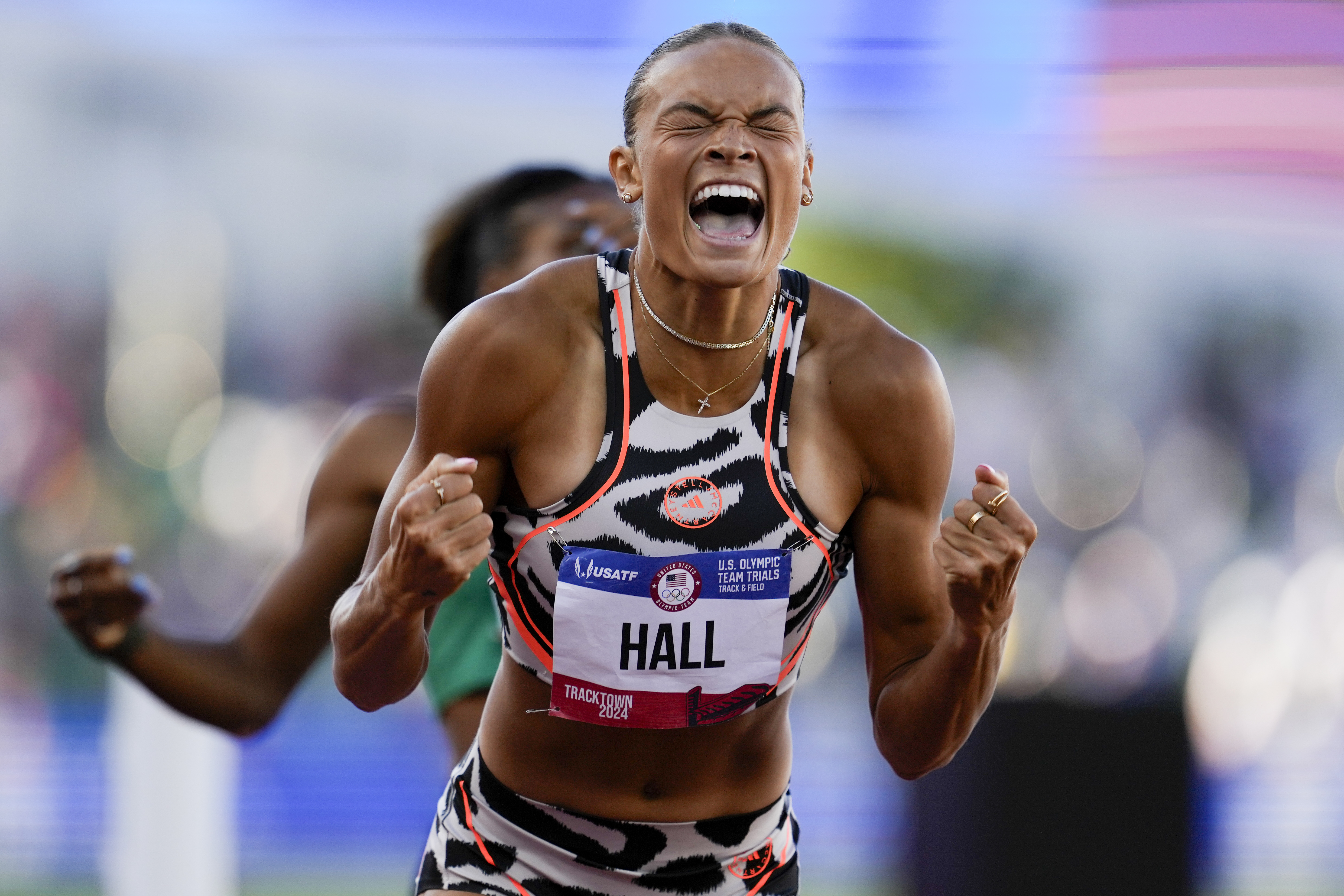 Anna Hall celebrates after winning the women's 800-meter run event and the overall in the heptathlon during the U.S. Track and Field Olympic Team Trials June 24 in Eugene, Ore. (AP Photo/George Walker IV)