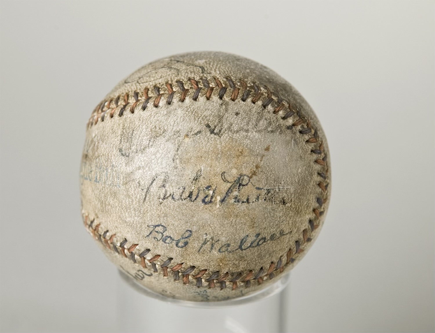 American League Baseball, c. 1927. Leather; A. J. Reach Company, Philadelphia, 1874-1934; signed: Babe Ruth, Ty Cobb, Lou Gehrig, Bob Lowe, Bob Wallace, George Sisler, Joe Tinker, Jack Hendricks, and Pete Donohue; (MISC-066-79). The Charles Hosmer Morse Museum of American Art. (The Charles Hosmer Morse Museum of American Art)