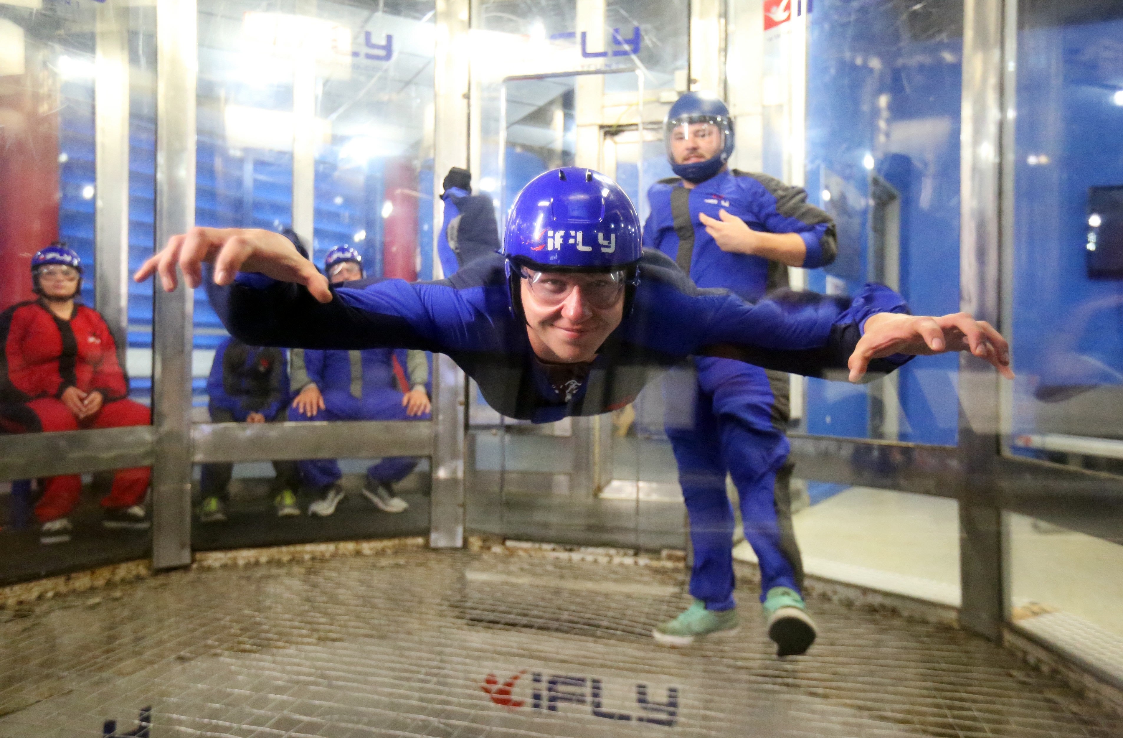 Left to Right, Luke Rummery-Blackford of England and instructor Michael Husemann at the iFly wind tunnel/skydiving attraction, on Thursday, September 17, 2015. (Ricardo Ramirez Buxeda / Orlando Sentinel)