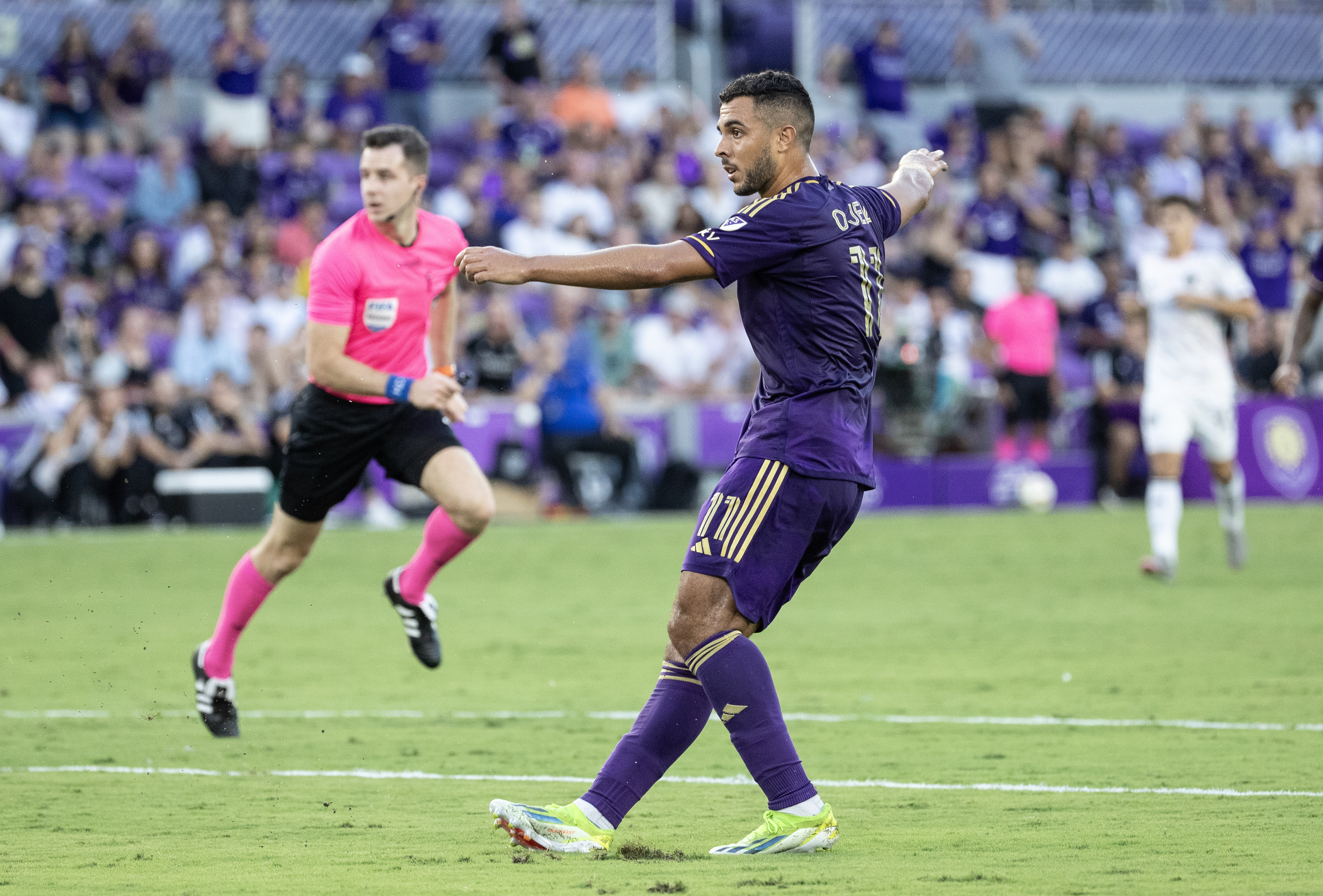 Orlando City midfielder Martín Ojeda (11) watches the ball he kicked go into the goal during the first half of the Orlando City against DC United match in Orlando, Fla., Saturday, July 6, 2024. (Willie J. Allen Jr./Orlando Sentinel)