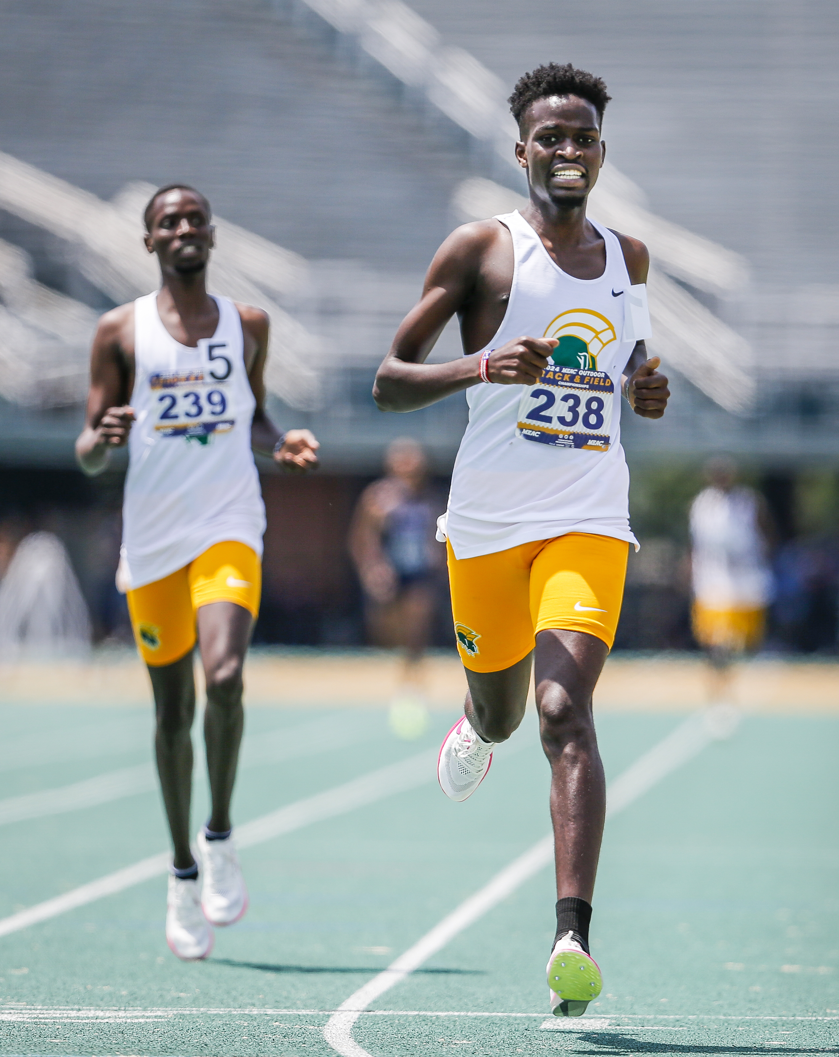 Norfolk State University Victor Jumo crosses the finish line to win the mens 1500meter final at the MEAC Outdoor Track and Field championships at Norfolk State University in Norfolk, Virginia, on May 8, 2024. Jump ran a time of 3:50.43 in the event. (Billy Schuerman / The Virginian-Pilot)