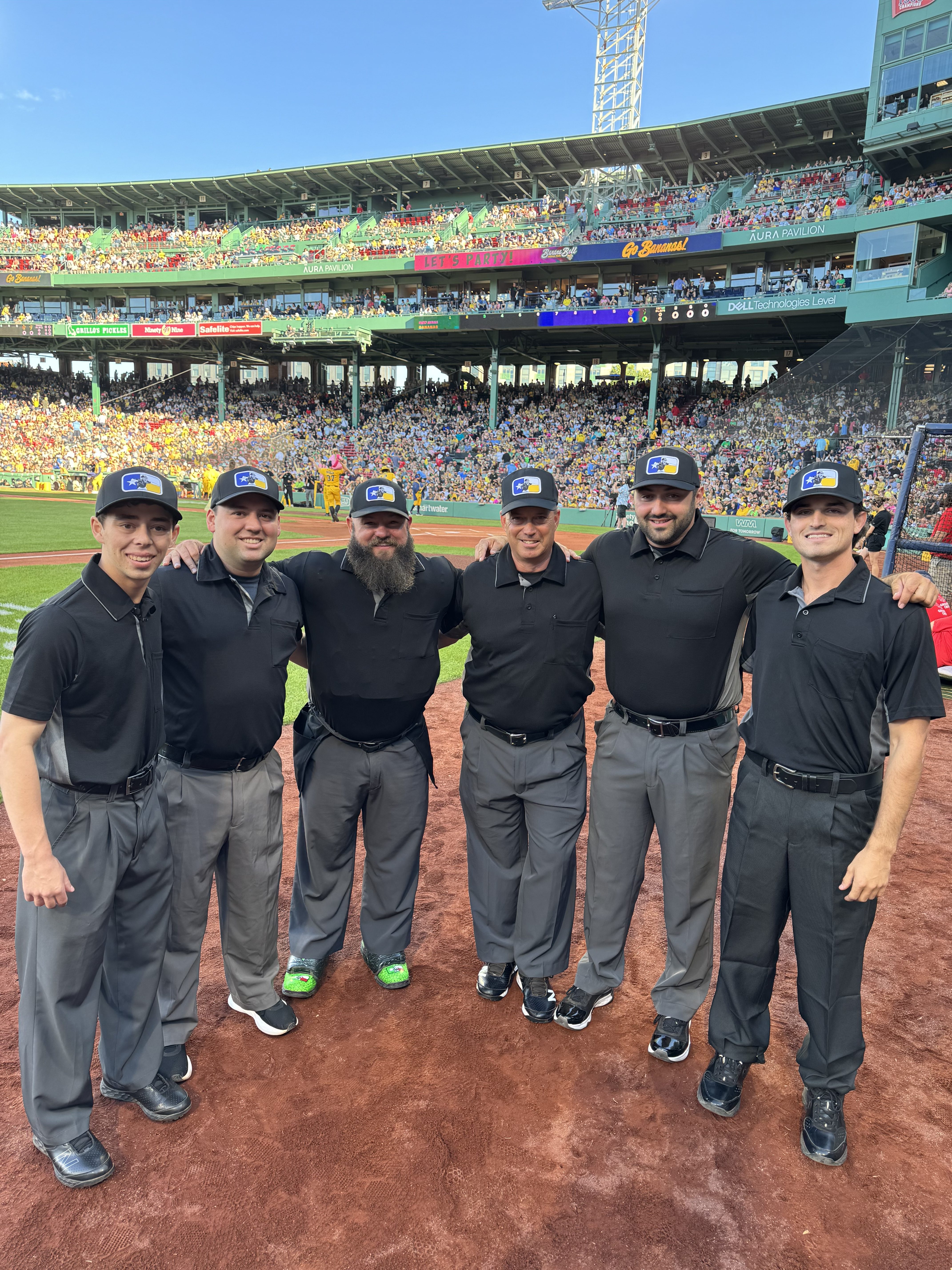 Noah Katz, far left, will umpire for the Savannah Bananas at Nationals Park in Washington on Saturday.