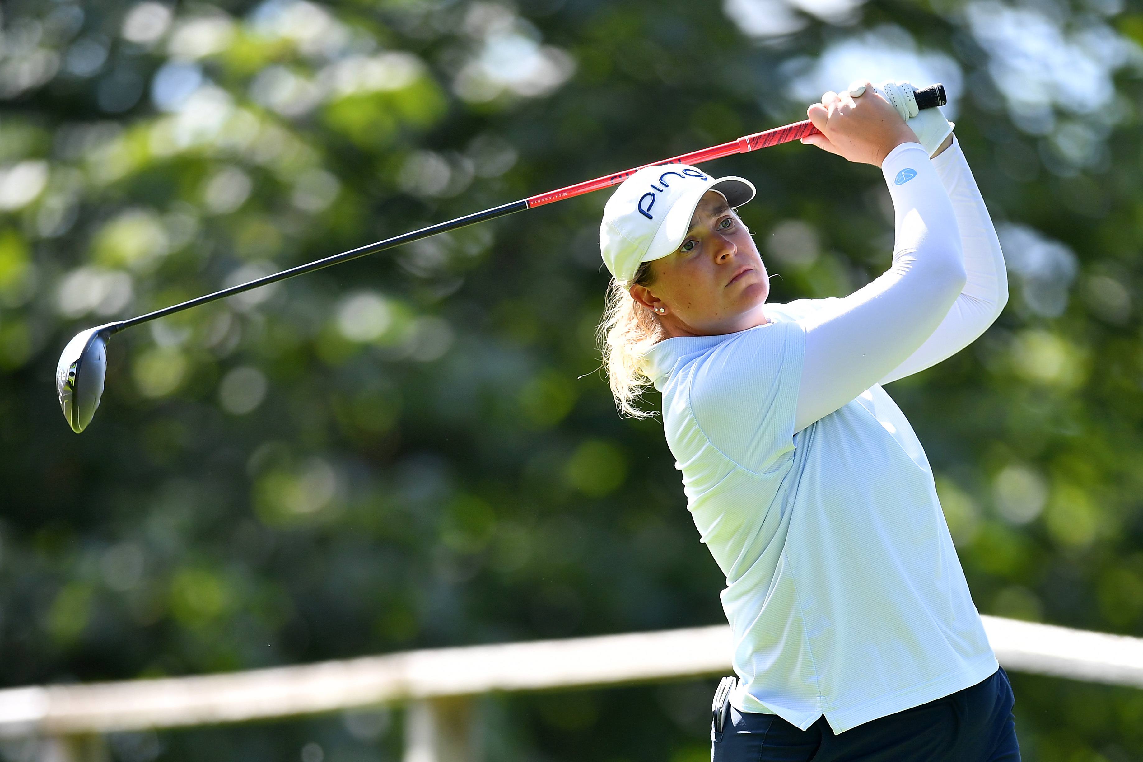 Former Hickory High star Lauren Coughlin watches her tee shot on the 15th hole during Saturday's third round of the Evian Championship. (Valerio Pennicino/Getty)