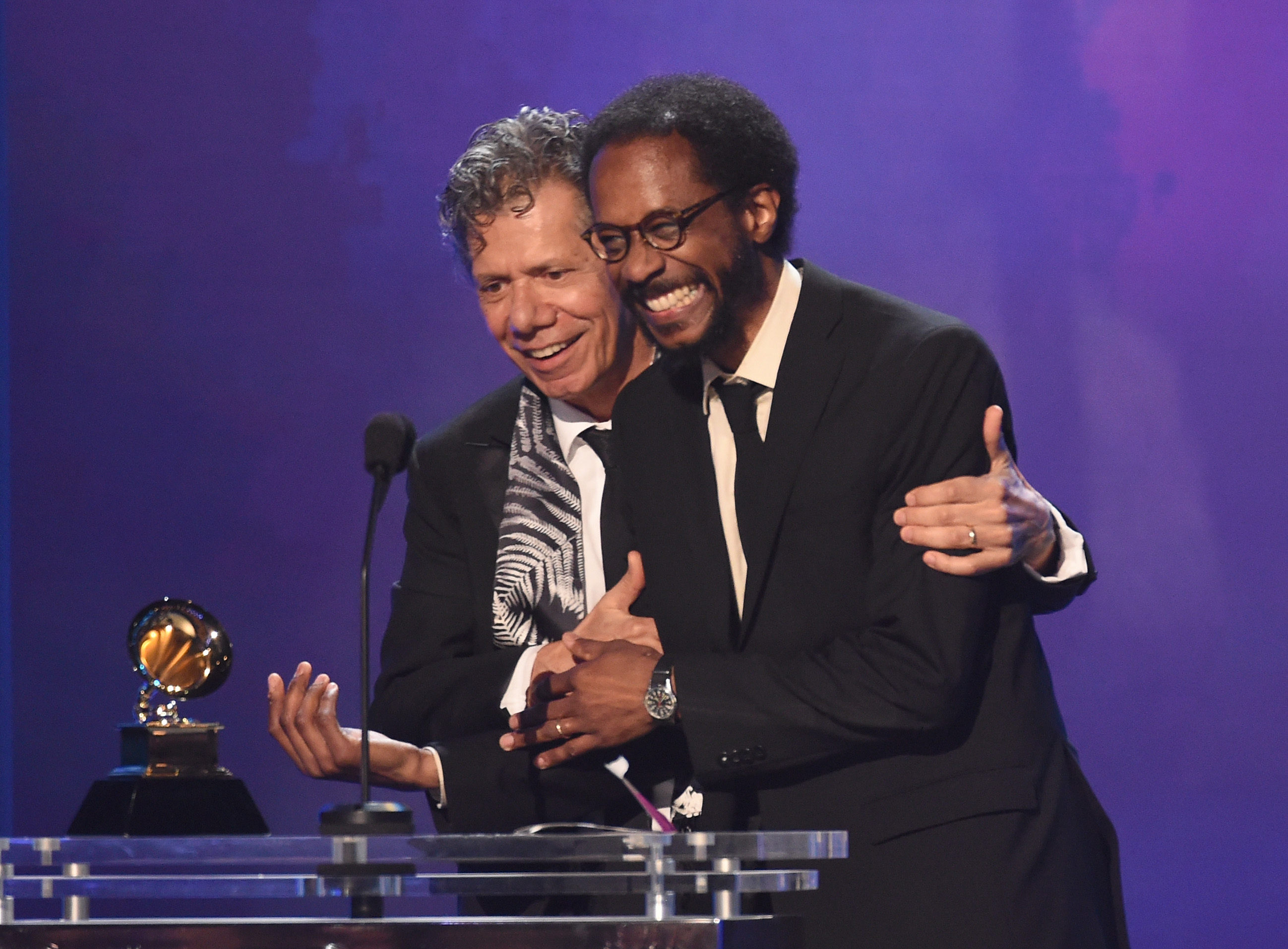 Musicians Chick Corea (L) and Brian Blade accept the award for Best Improvised Jazz Solo onstage at the Premiere Ceremony during The 57th Annual GRAMMY Awards at the Nokia Theatre L.A. LIVE on February 8, 2015 in Los Angeles, California. (Photo by Michael Buckner/WireImage)