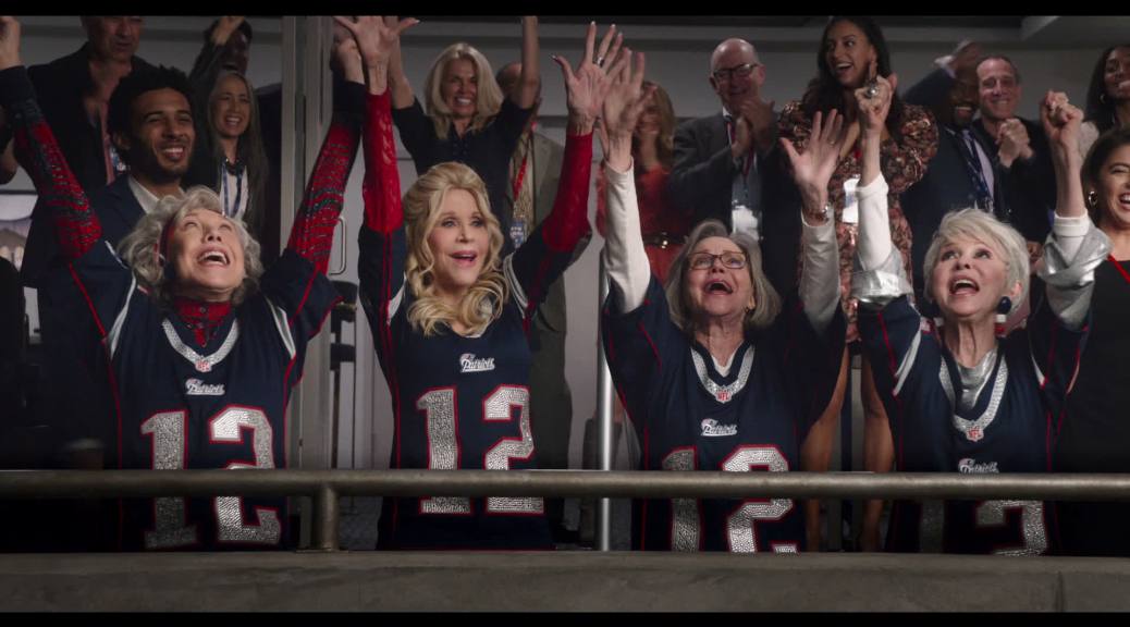 Lily Tomlin, Jane Fonda, Sally Field, and Rita Moreno attending the Super Bowl in the movie 80 for Brady