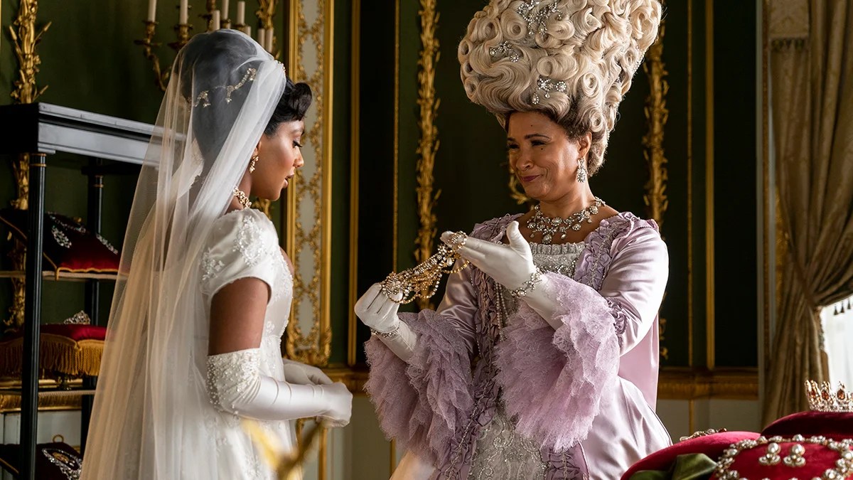 Charithra Chandran as Edwina Sharma and Golda Rosheuvel as Queen Charlotte in "Bridgerton" Season 2 (Netflix)