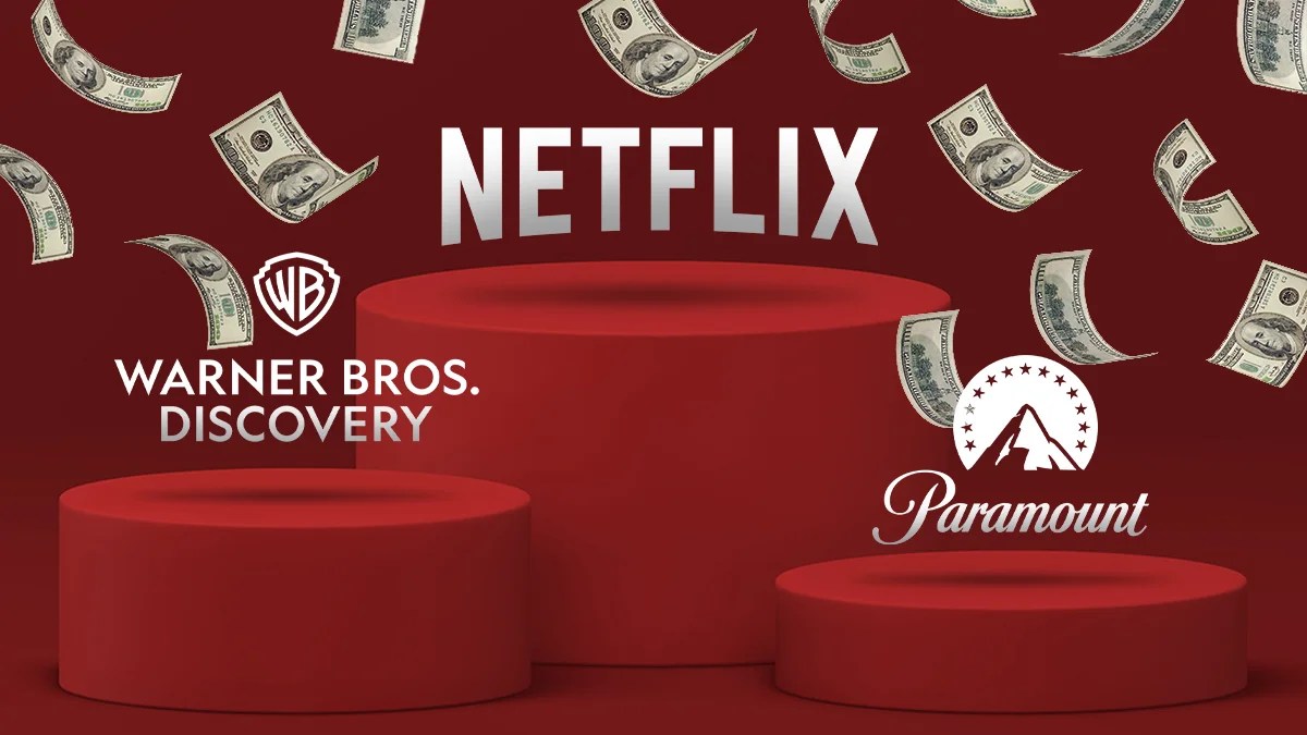 Image of Warner Bros. Discovery, Netflix and Paramount logos surrounded by falling money (Photo Credit: TheWrap)