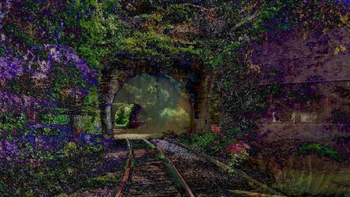 An image that looks like a colorful painting showing railroad tracks going into a tunnel