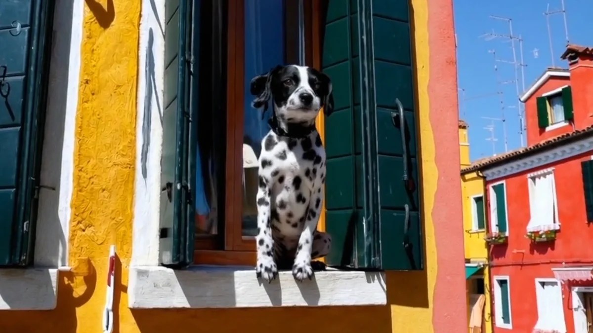 A screenshot of a video of a Dalmatian on a ledge rendered by OpenAI's Sora