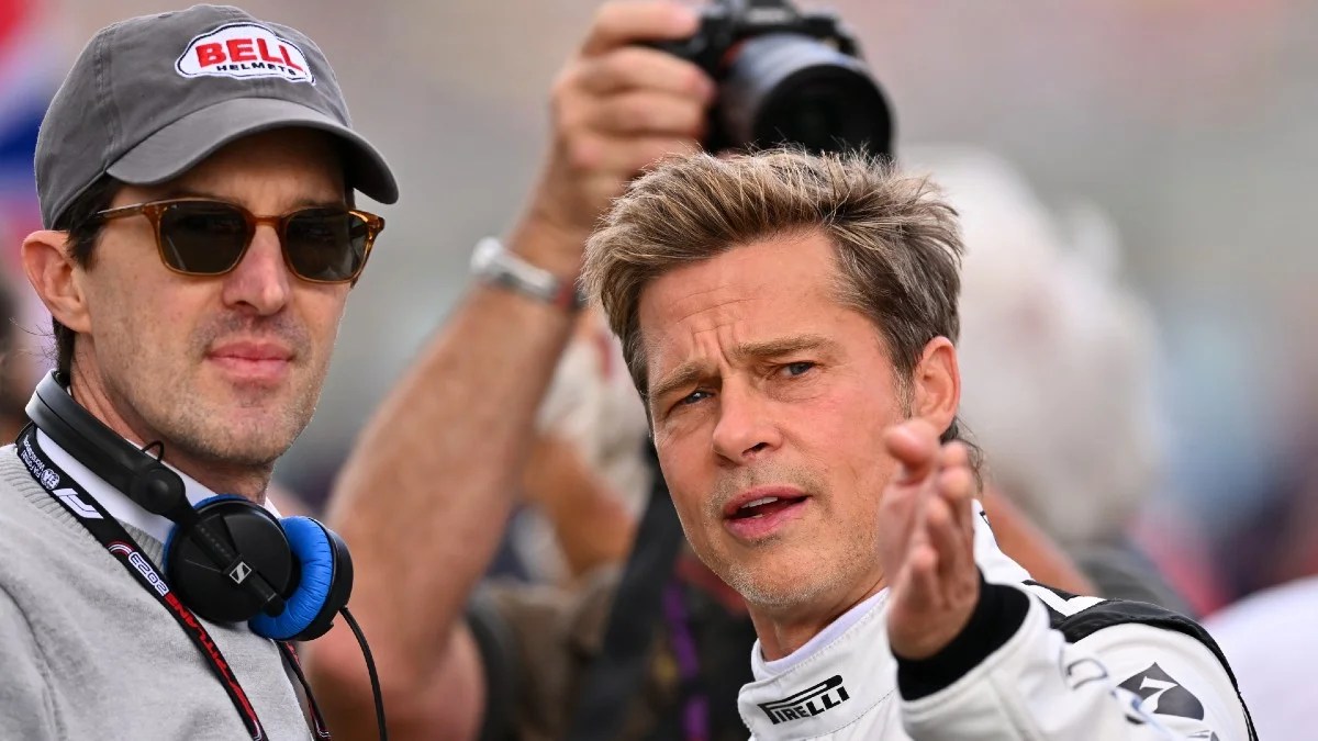 Joseph Kosinski and Brad Pitt on set of Formula One movie