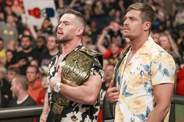 WWE Tag Team Champions, Austin Theory and Grayson Waller are known for being mouthy (Photo by WWE/Getty Images)