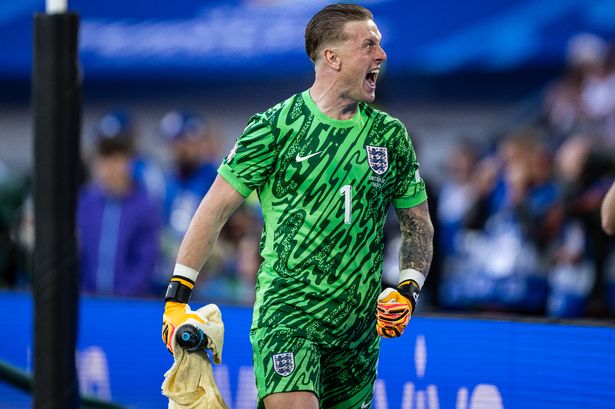 Jordan Pickford of England celebrates while penalty shootout during the UEFA EURO 2024 quarter-final match between England and Switzerland at Düsseldorf Arena on July 06, 2024 in Dusseldorf, Germany.