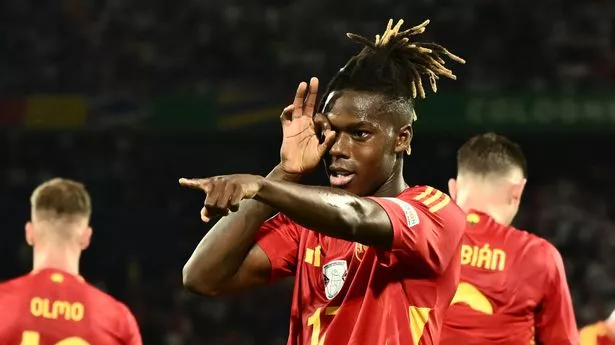 Nico Williams celebrates scoring his team's third goal during the UEFA Euro 2024 round of 16 football match between Spain and Georgia