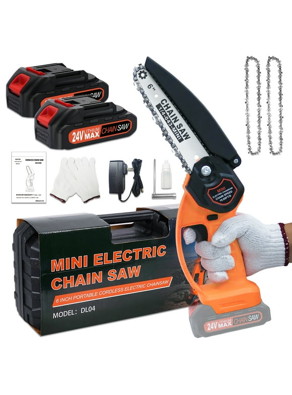 NEXPOW 6" Mini Chainsaw 24V Battery Powered Chainsaw ,with Safety Lock,with 2 Batteries 2 Chains, 6-inch Cordless Handheld Chain Saw Wood Cutter,Orange