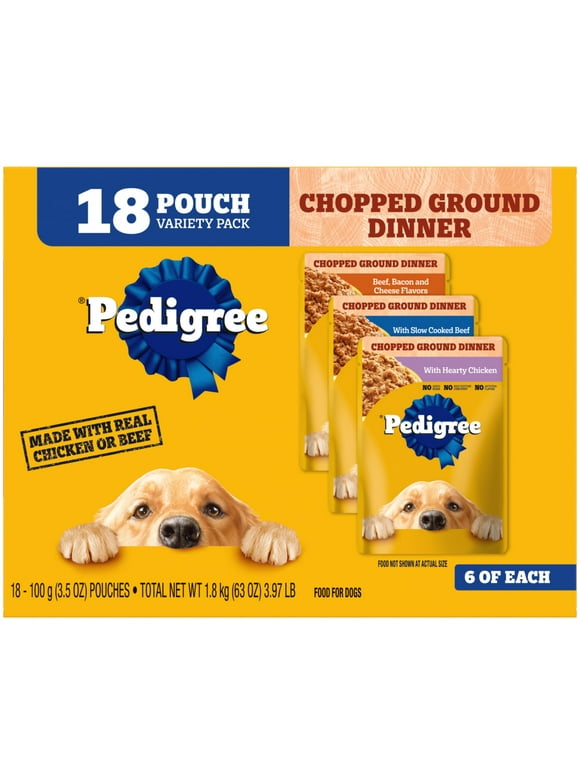 Pedigree Chopped Ground Dinner Adult Wet Dog Food Cheese Variety Pack, 3.5 Oz Pouches (18 Pack)