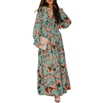 Dokotoo Green Maxi Dresses for Women Casual Loose Bohemian Floral Dresses Lantern Long Sleeve Deep V Neckline Fall Dresses Party Dresses Beach Dresses Maternity Dresses, US 4-6(S)